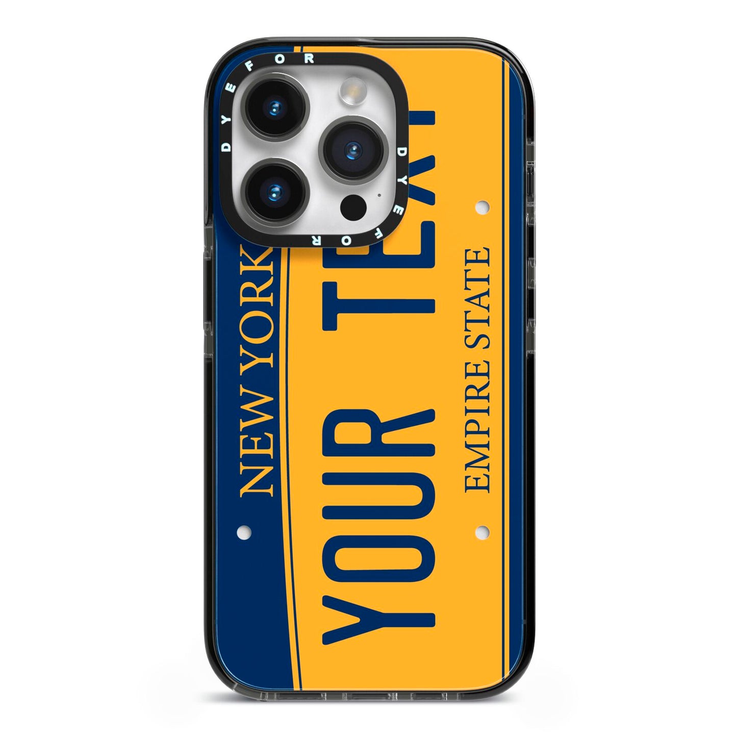Custom New York License Plate iPhone 14 Pro Black Impact Case on Silver phone
