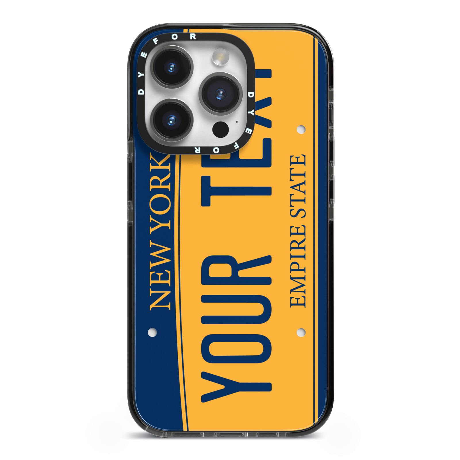 Custom New York License Plate iPhone 14 Pro Black Impact Case on Silver phone