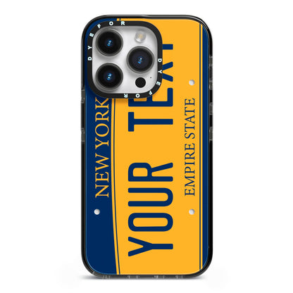Custom New York License Plate iPhone 14 Pro Black Impact Case on Silver phone