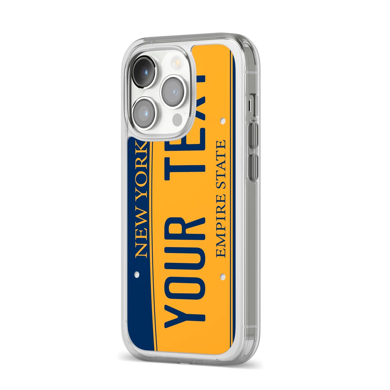 Custom New York License Plate iPhone 14 Pro Clear Tough Case Silver Angled Image