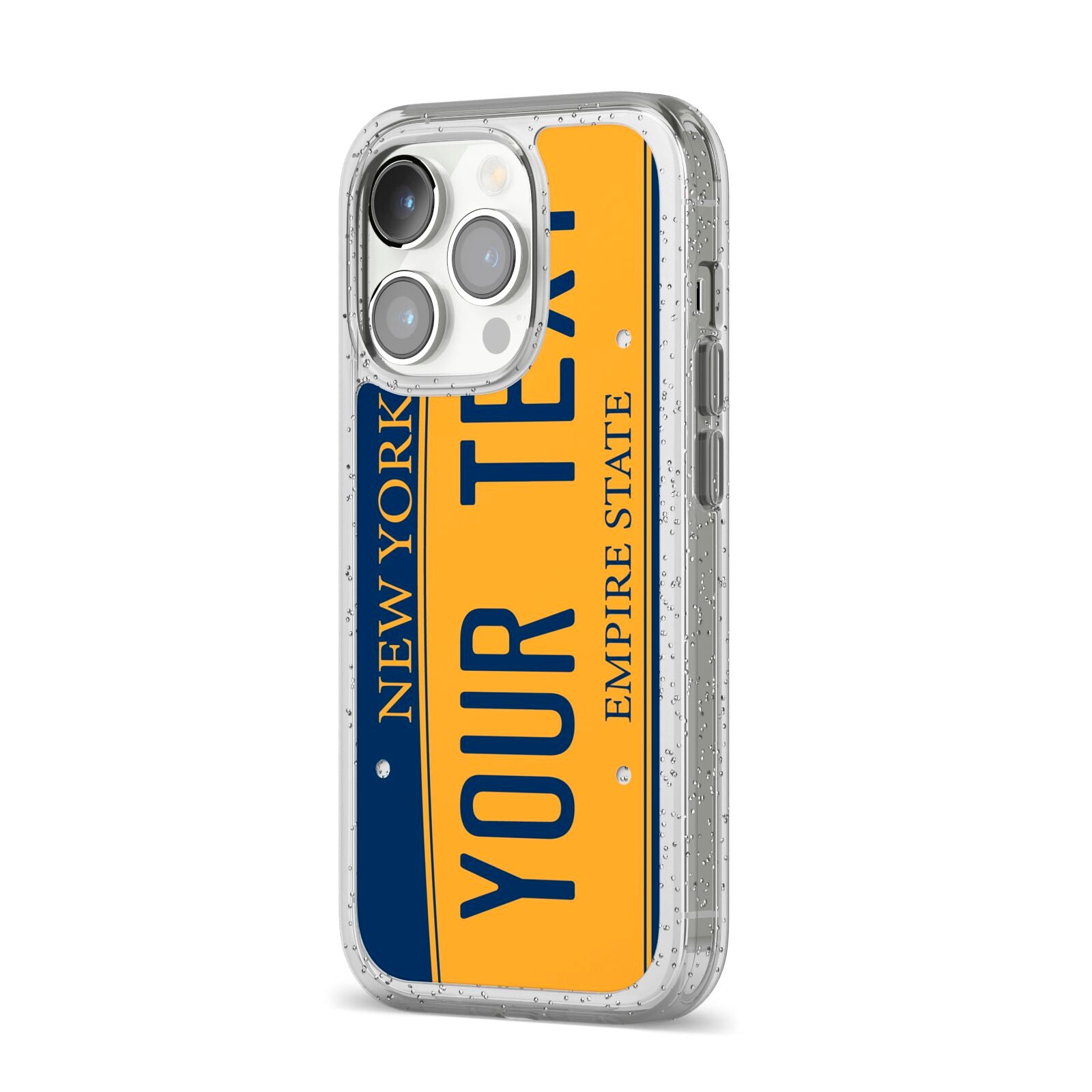 Custom New York License Plate iPhone 14 Pro Glitter Tough Case Silver Angled Image