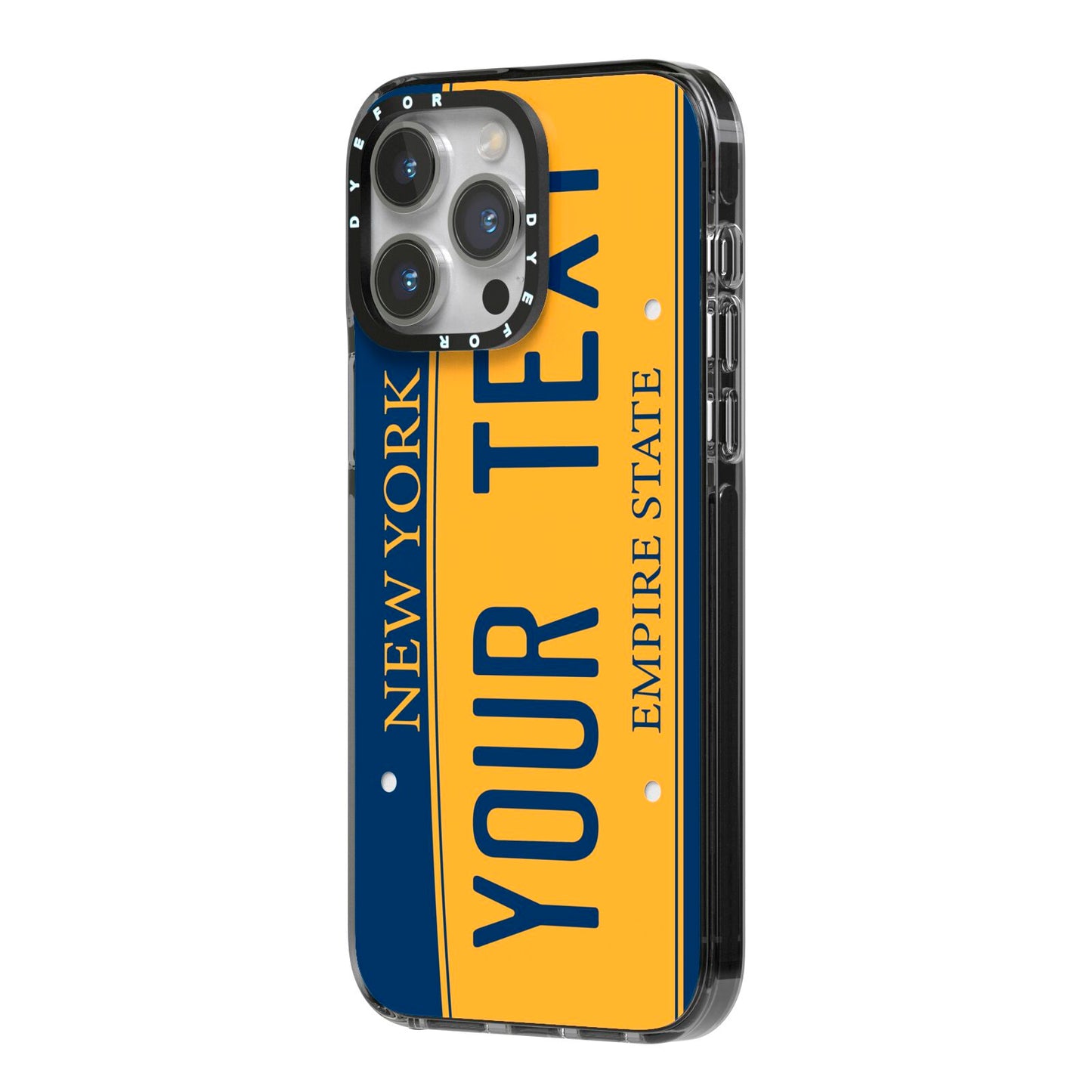 Custom New York License Plate iPhone 14 Pro Max Black Impact Case Side Angle on Silver phone