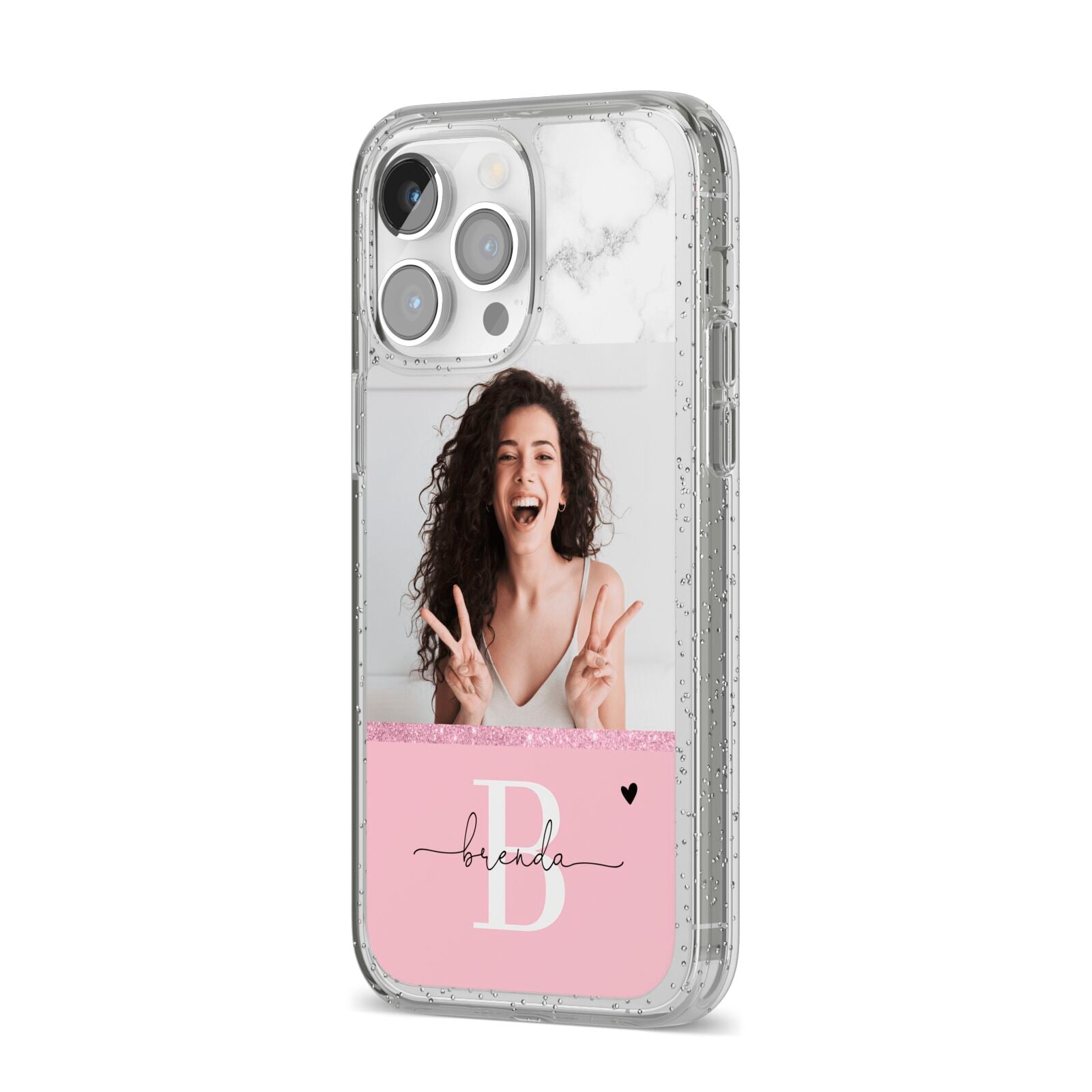 Custom Photo Marble iPhone 14 Pro Max Glitter Tough Case Silver Angled Image