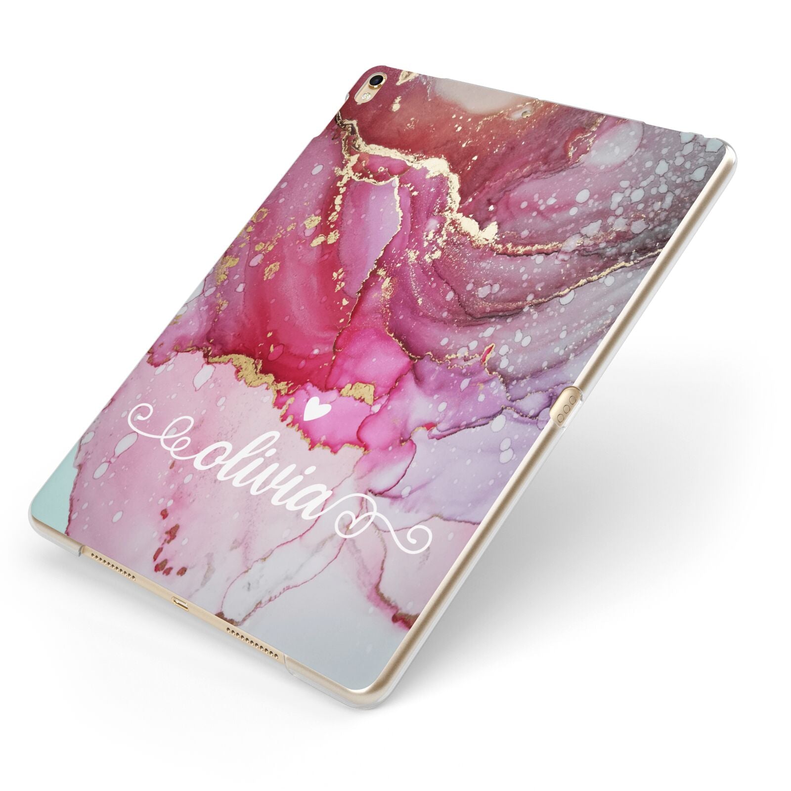 Custom Pink Marble Apple iPad Case on Gold iPad Side View