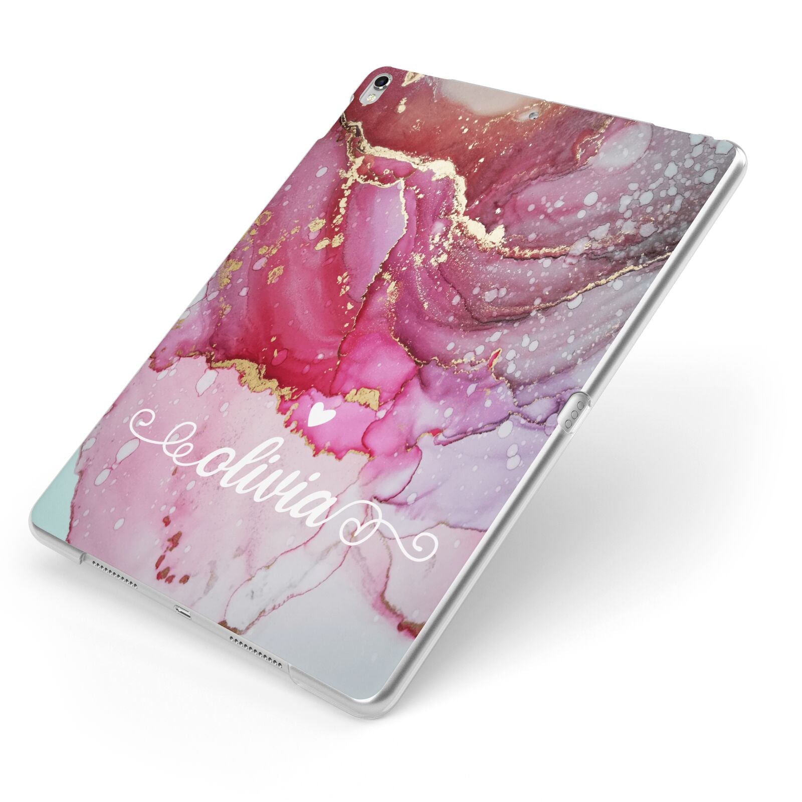 Custom Pink Marble Apple iPad Case on Silver iPad Side View