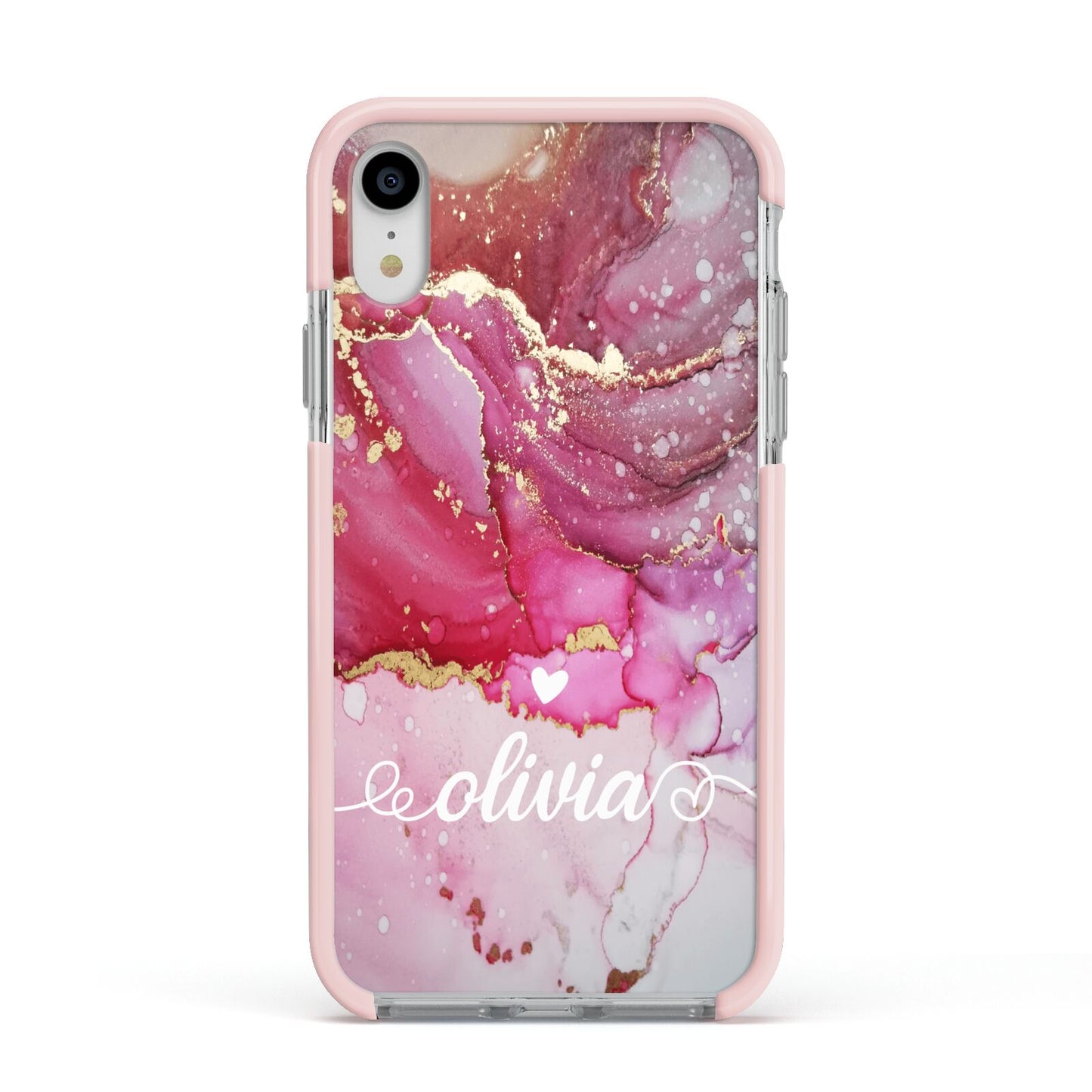 Custom Pink Marble Apple iPhone XR Impact Case Pink Edge on Silver Phone