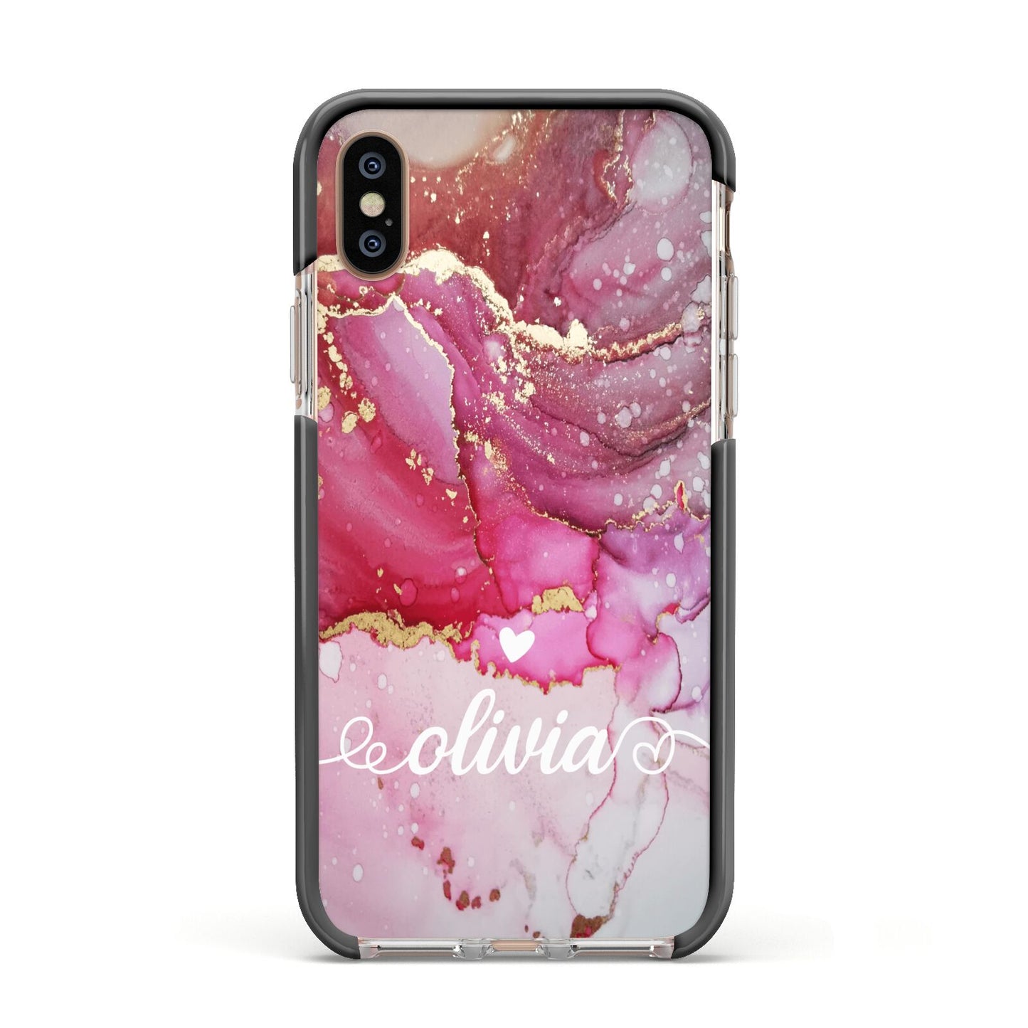 Custom Pink Marble Apple iPhone Xs Impact Case Black Edge on Gold Phone