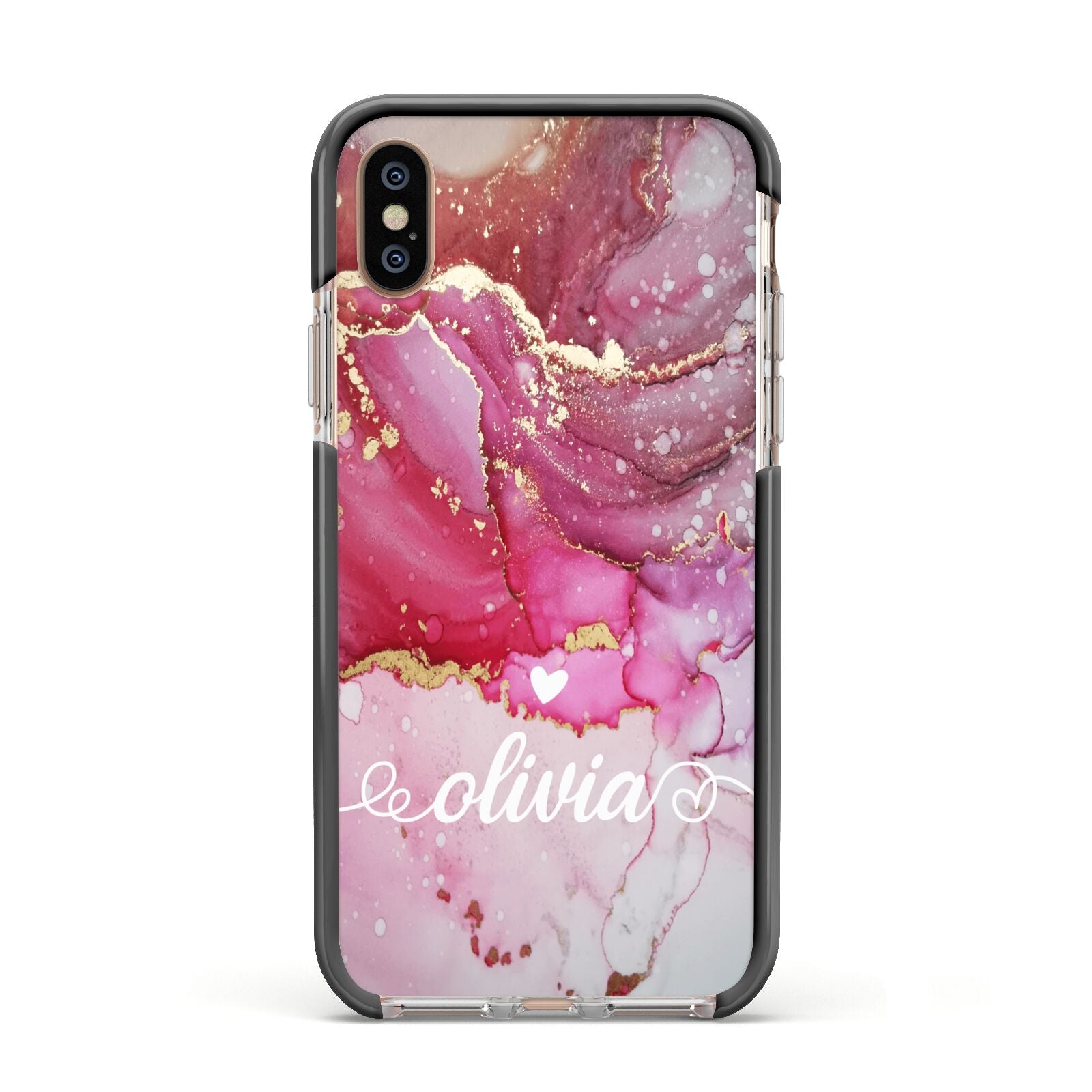 Custom Pink Marble Apple iPhone Xs Impact Case Black Edge on Gold Phone