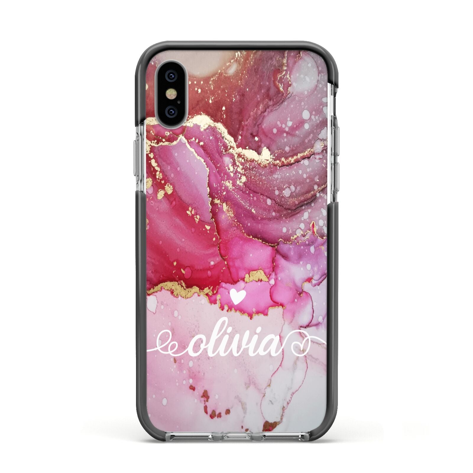 Custom Pink Marble Apple iPhone Xs Impact Case Black Edge on Silver Phone