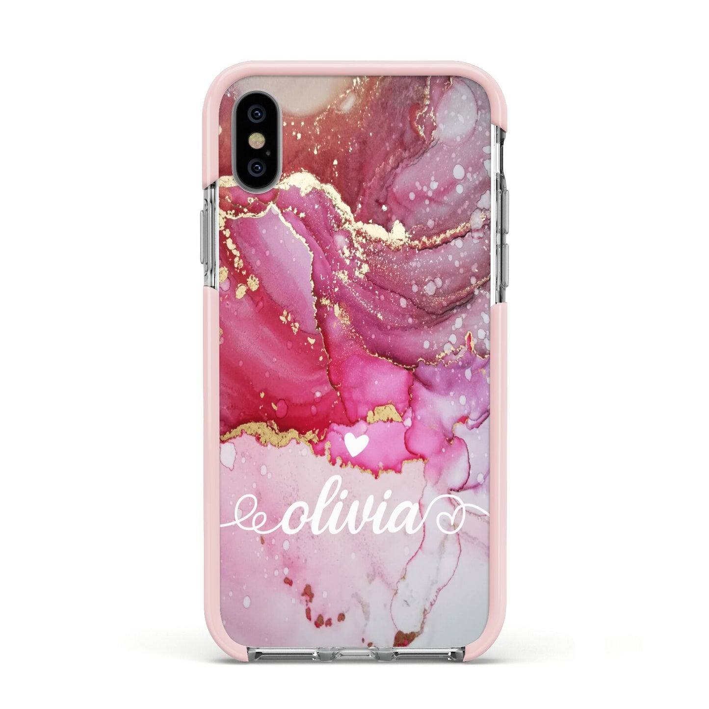 Custom Pink Marble Apple iPhone Xs Impact Case Pink Edge on Silver Phone