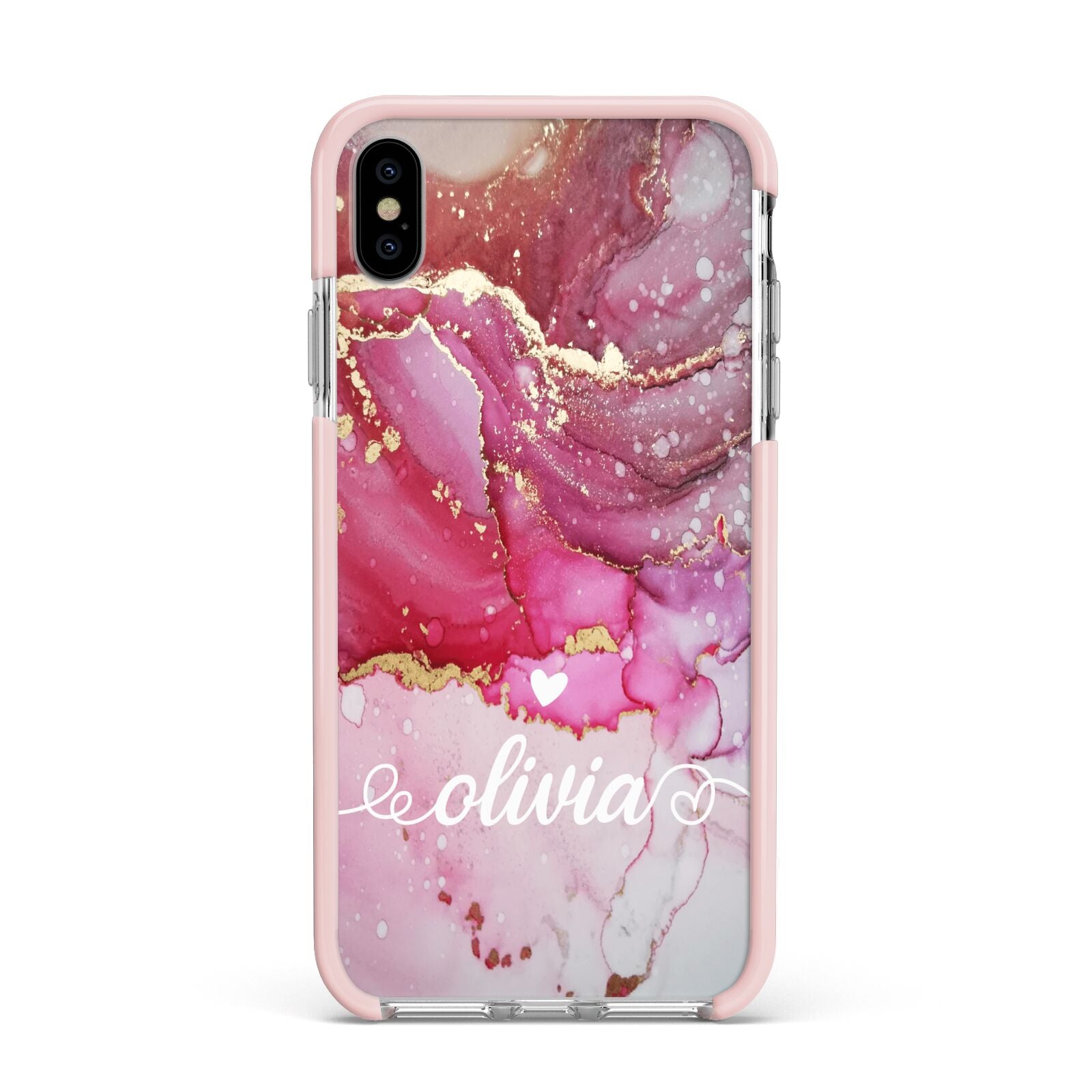 Custom Pink Marble Apple iPhone Xs Max Impact Case Pink Edge on Silver Phone