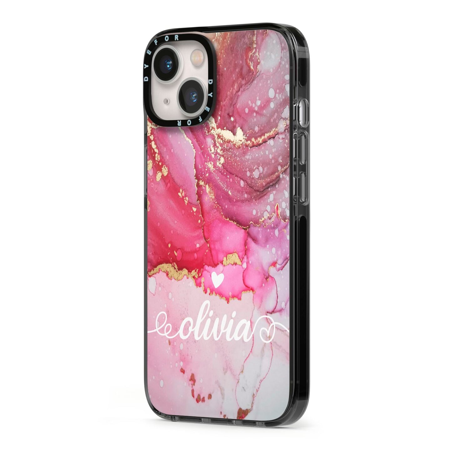 Custom Pink Marble iPhone 13 Black Impact Case Side Angle on Silver phone