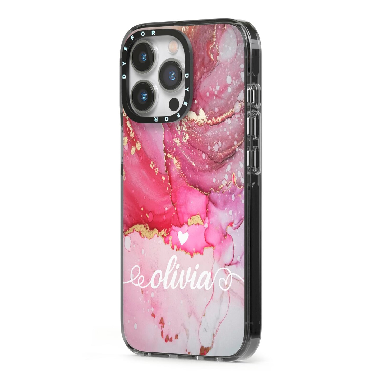 Custom Pink Marble iPhone 13 Pro Black Impact Case Side Angle on Silver phone