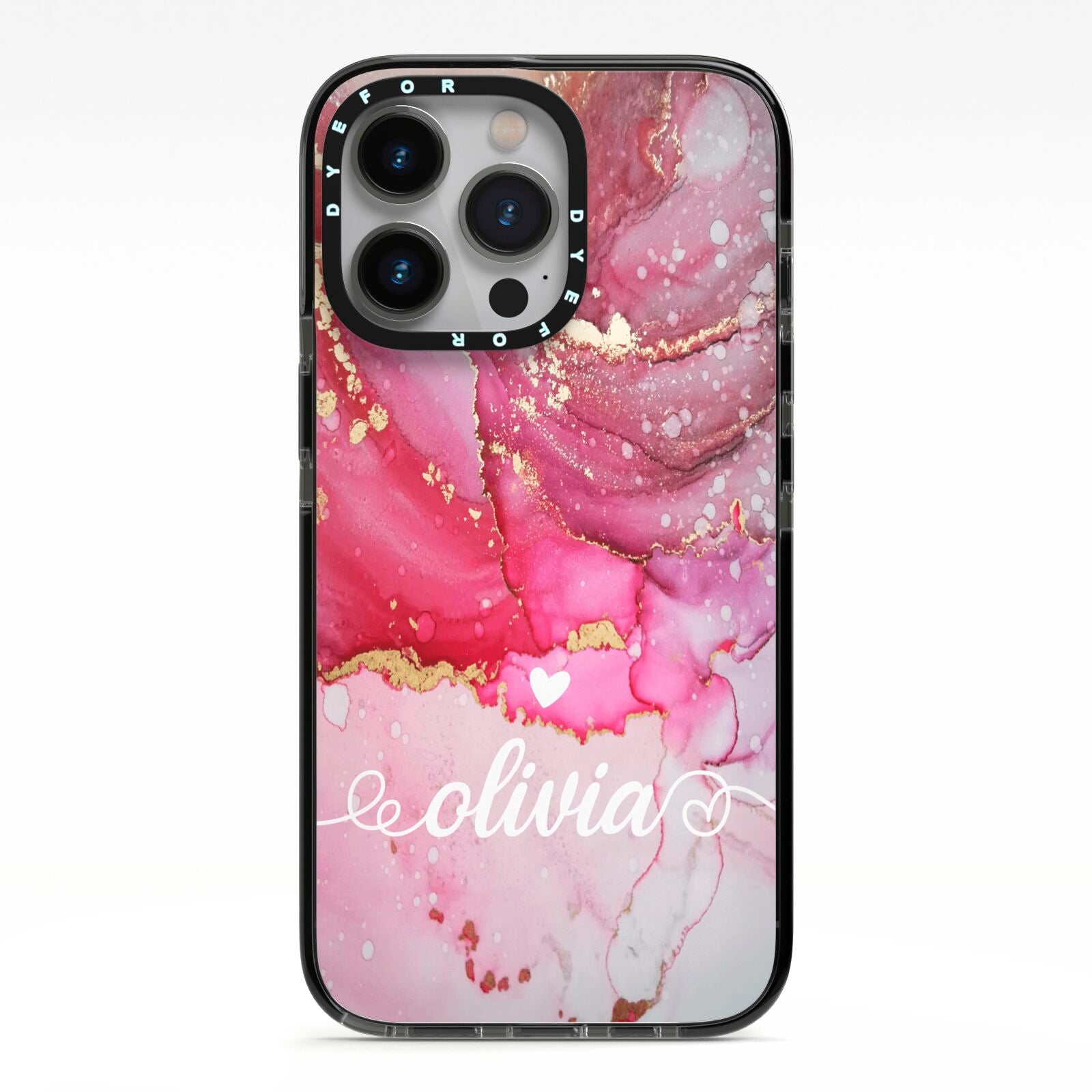 Custom Pink Marble iPhone 13 Pro Black Impact Case on Silver phone