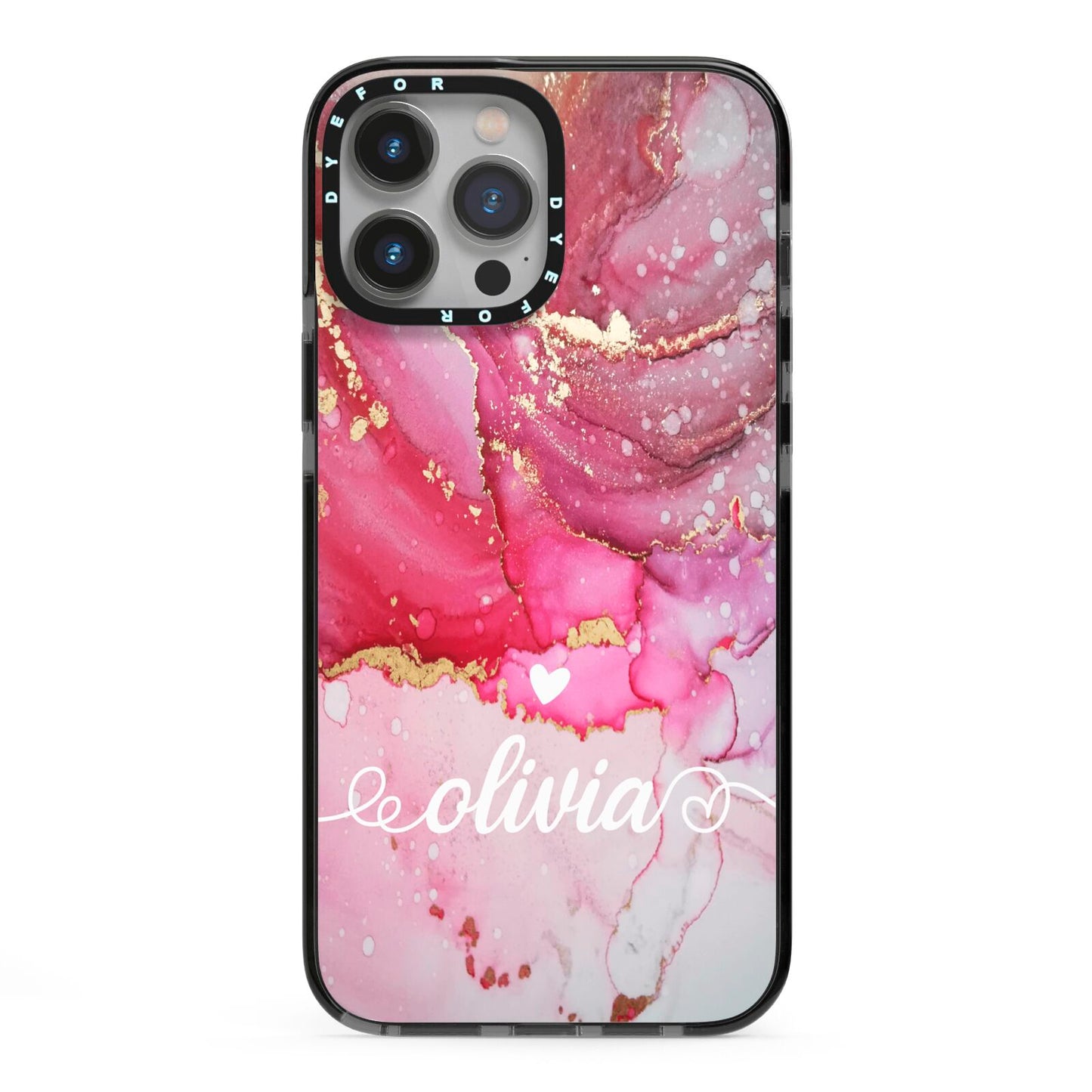 Custom Pink Marble iPhone 13 Pro Max Black Impact Case on Silver phone
