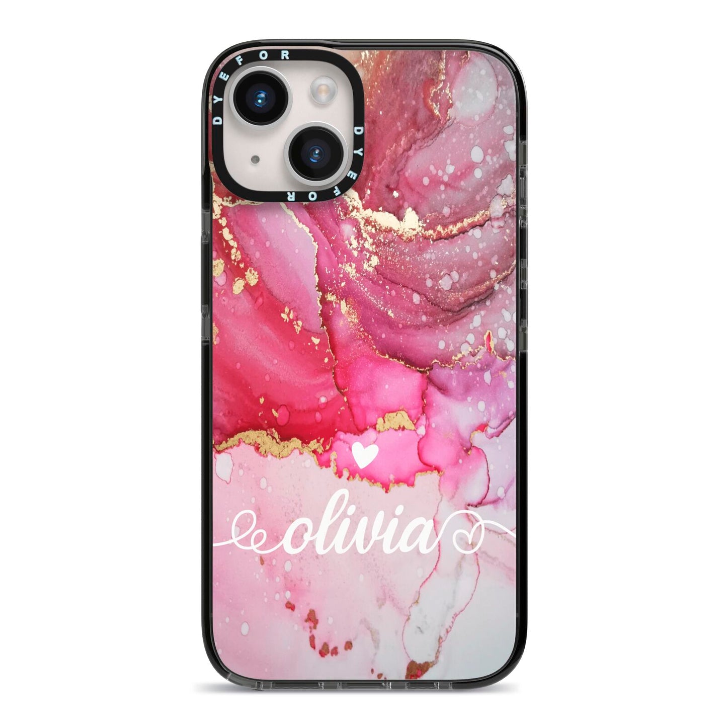 Custom Pink Marble iPhone 14 Black Impact Case on Silver phone