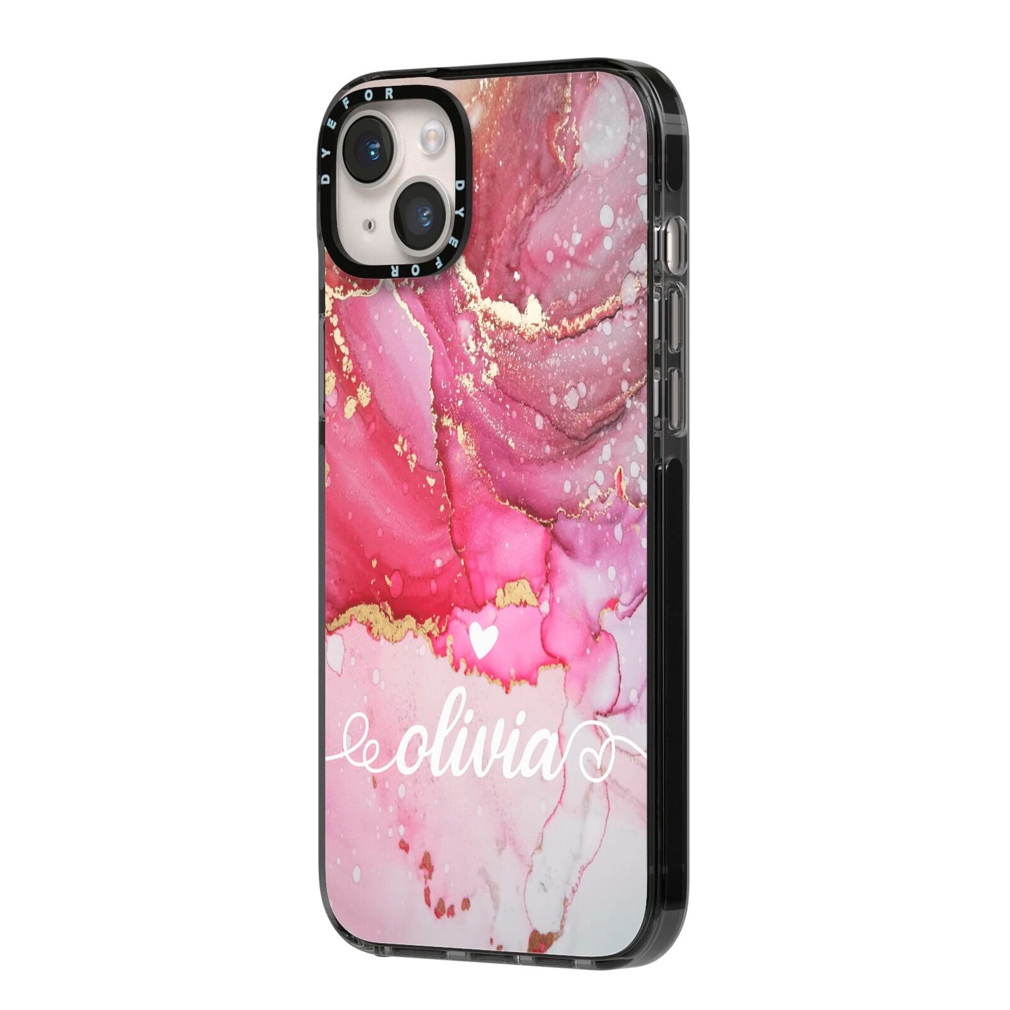Custom Pink Marble iPhone 14 Plus Black Impact Case Side Angle on Silver phone