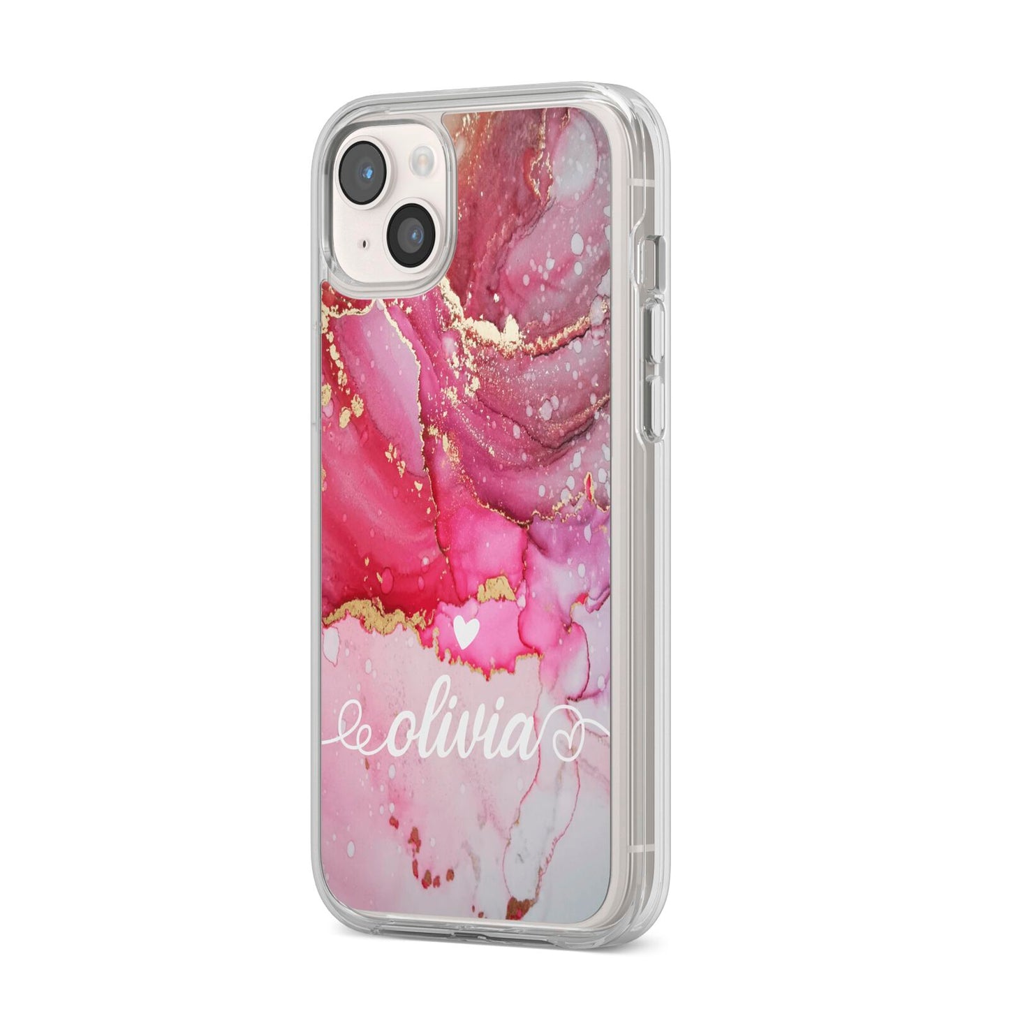 Custom Pink Marble iPhone 14 Plus Clear Tough Case Starlight Angled Image