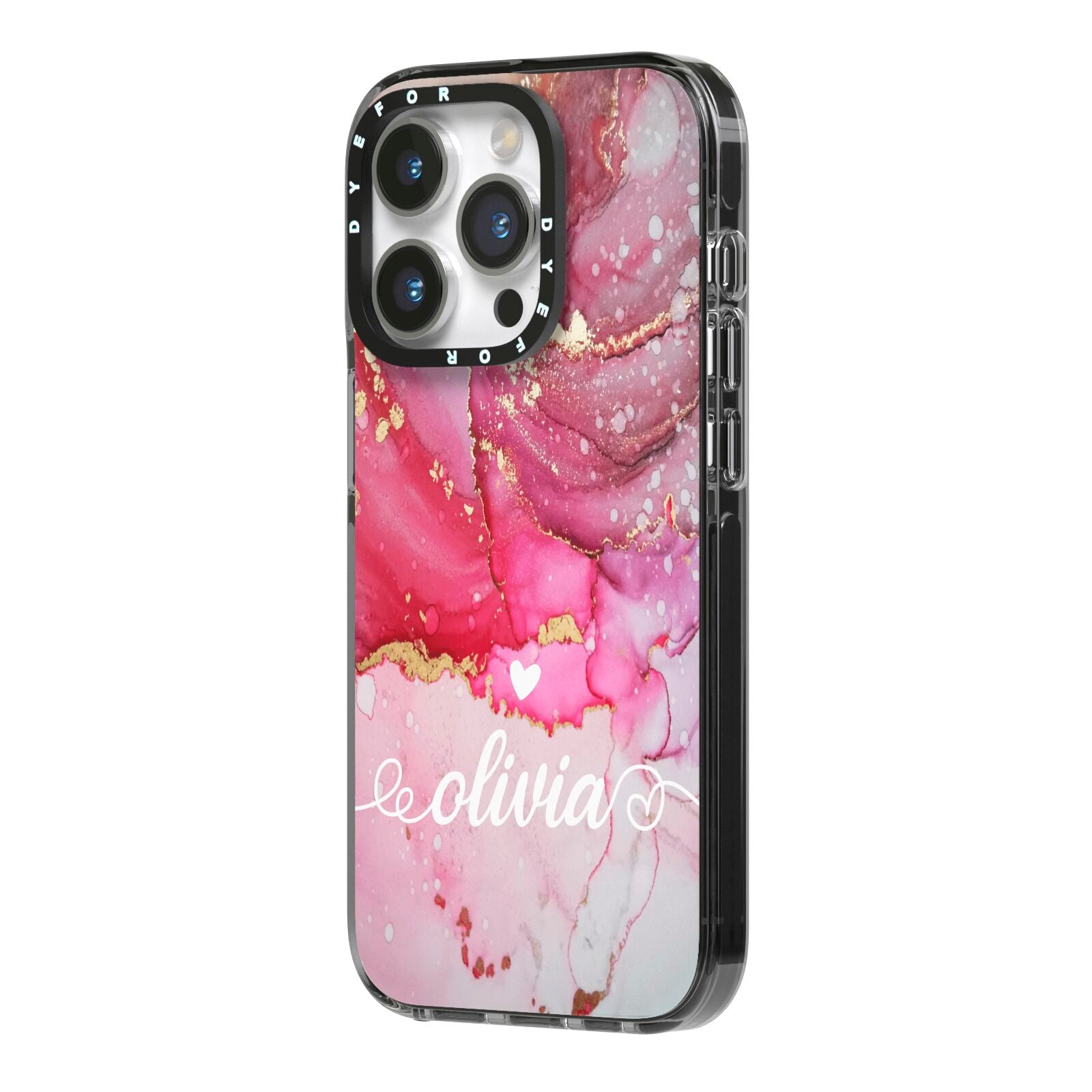 Custom Pink Marble iPhone 14 Pro Black Impact Case Side Angle on Silver phone