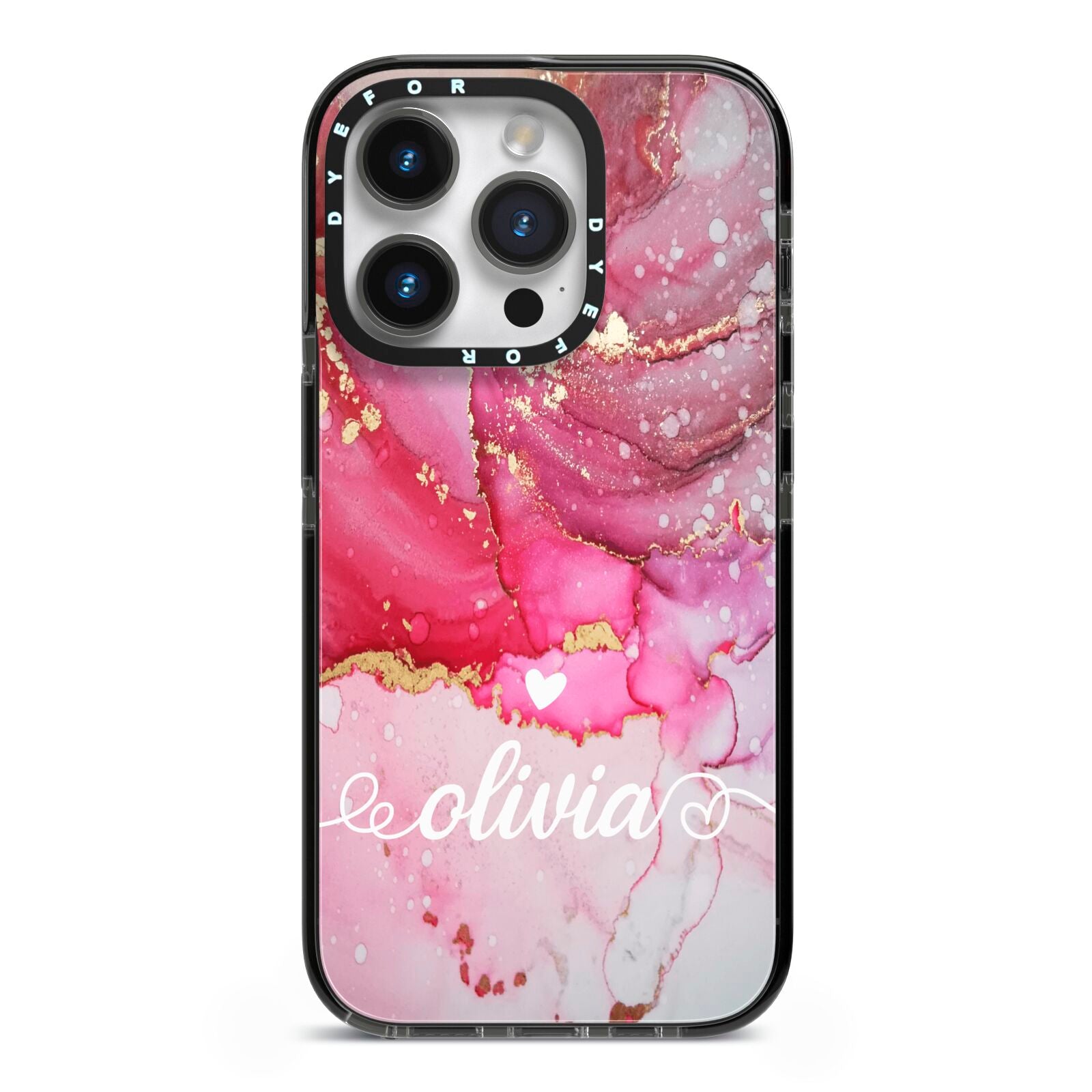 Custom Pink Marble iPhone 14 Pro Black Impact Case on Silver phone