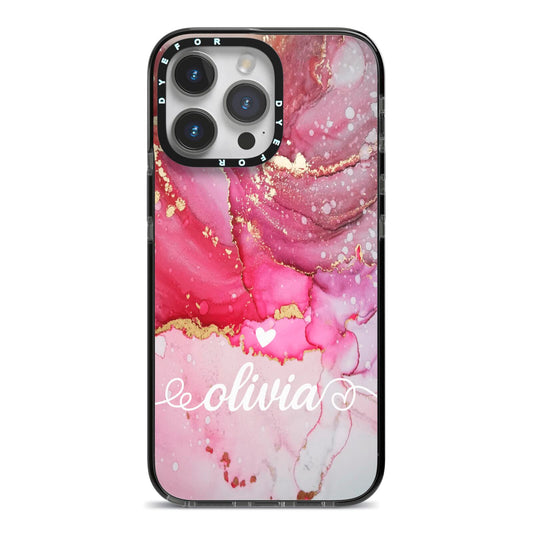 Custom Pink Marble iPhone 14 Pro Max Black Impact Case on Silver phone