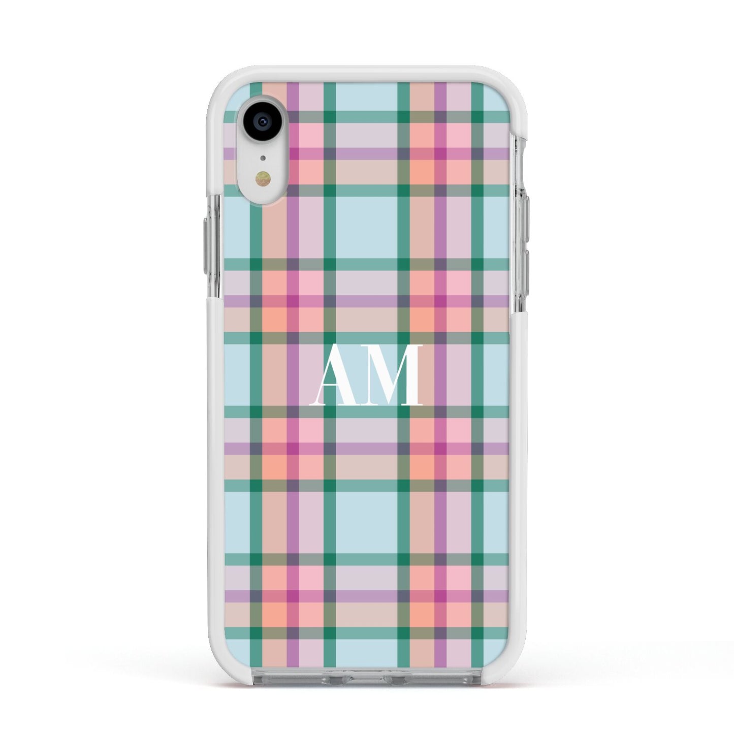 Custom Plaid Apple iPhone XR Impact Case White Edge on Silver Phone