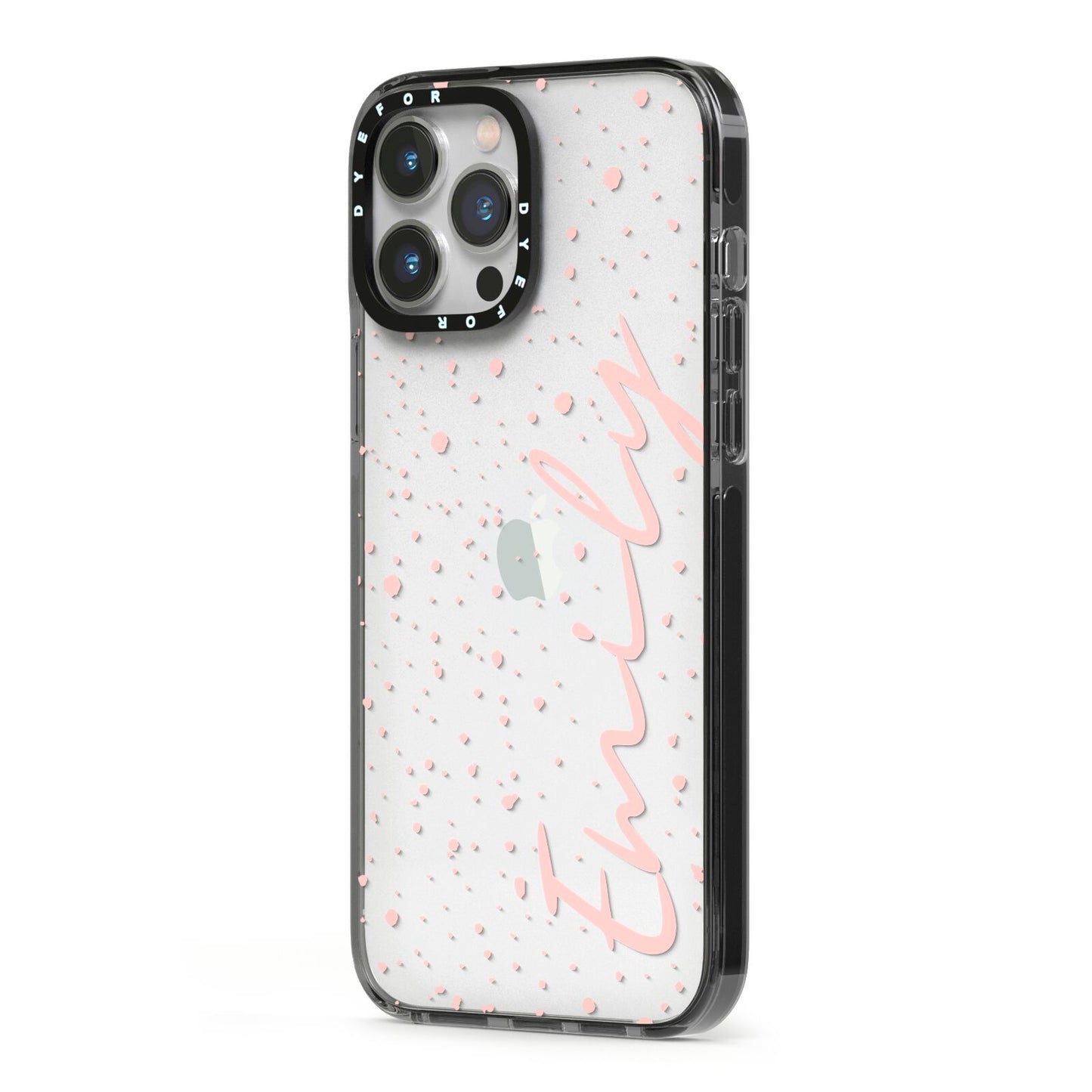 Custom Polka Dot iPhone 13 Pro Max Black Impact Case Side Angle on Silver phone