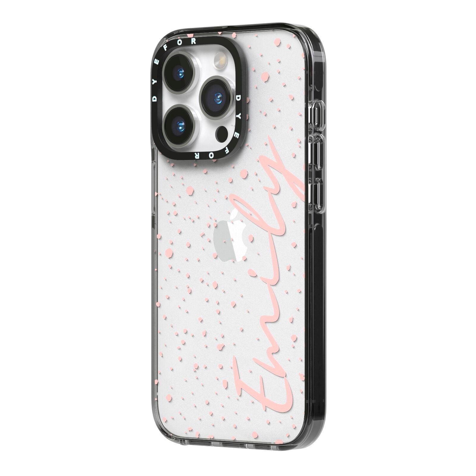 Custom Polka Dot iPhone 14 Pro Black Impact Case Side Angle on Silver phone