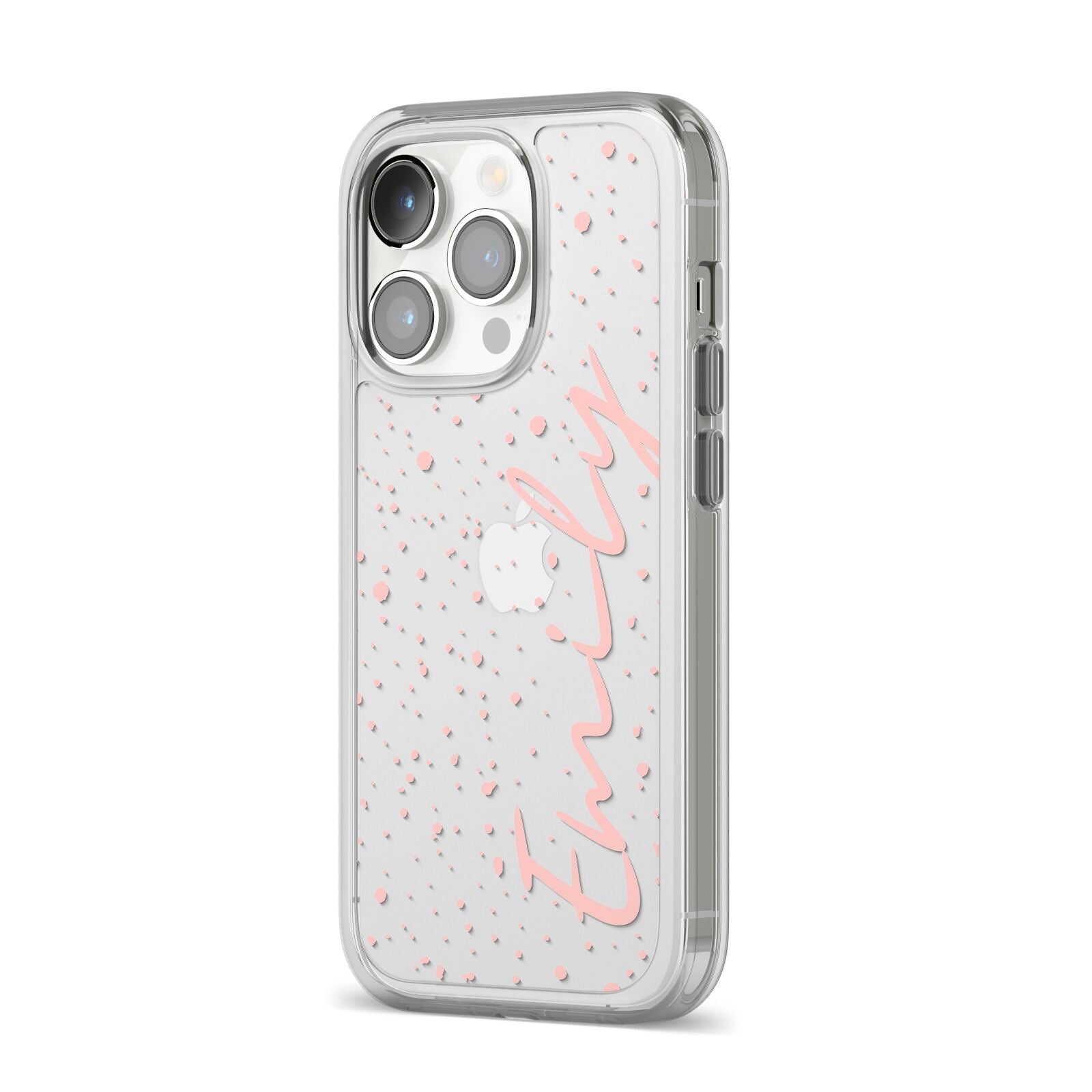 Custom Polka Dot iPhone 14 Pro Clear Tough Case Silver Angled Image