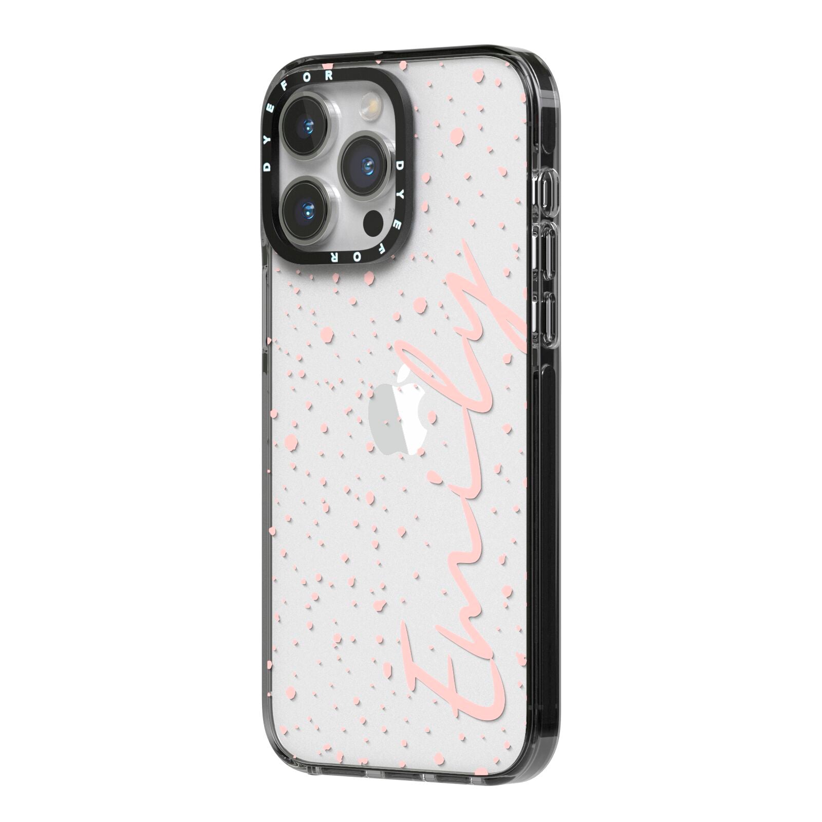 Custom Polka Dot iPhone 14 Pro Max Black Impact Case Side Angle on Silver phone