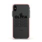Custom Repeat Name Apple iPhone Xs Impact Case Pink Edge on Black Phone