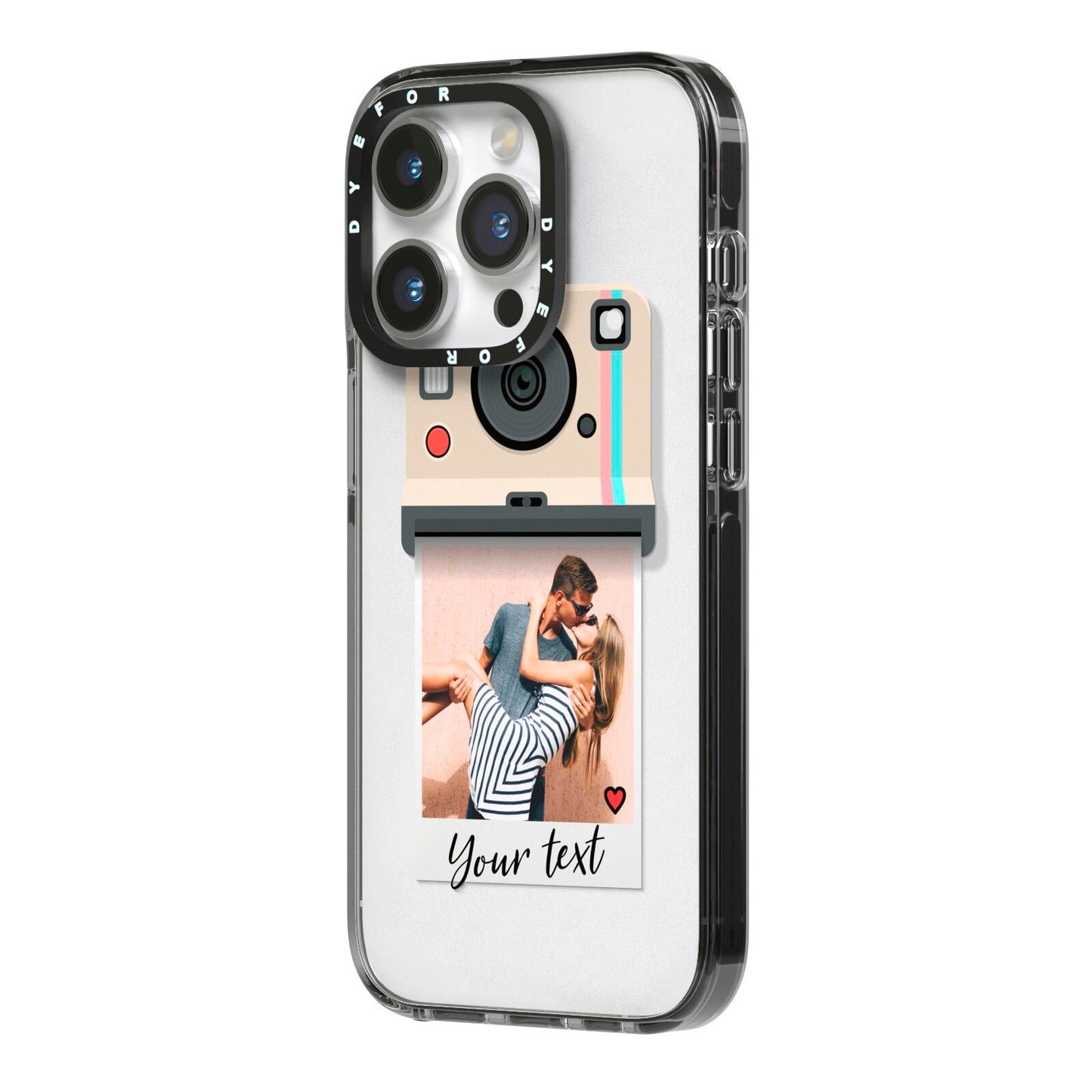 Custom Retro Photo iPhone 14 Pro Black Impact Case Side Angle on Silver phone