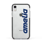 Custom Sci Fi Text Apple iPhone XR Impact Case Black Edge on Silver Phone
