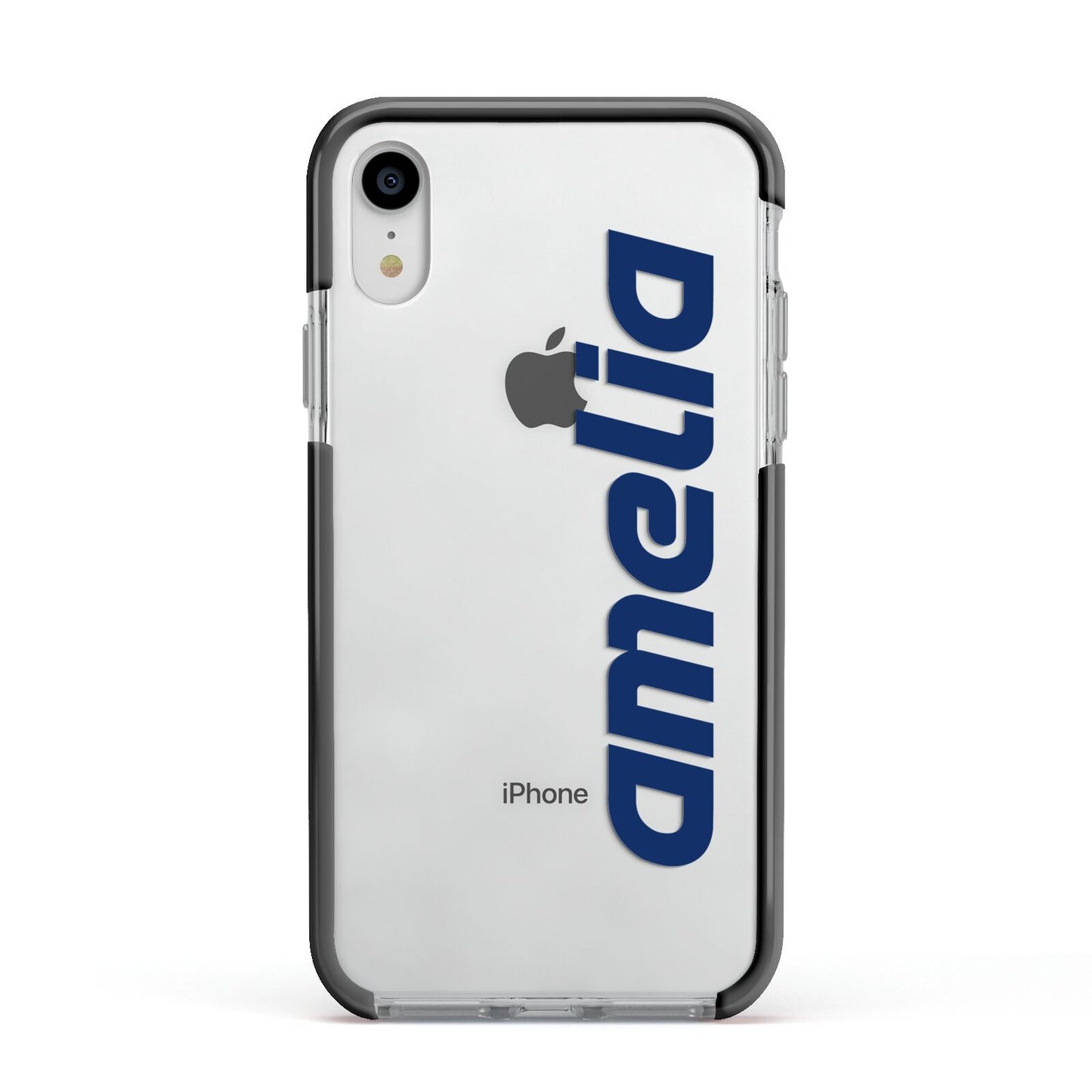 Custom Sci Fi Text Apple iPhone XR Impact Case Black Edge on Silver Phone