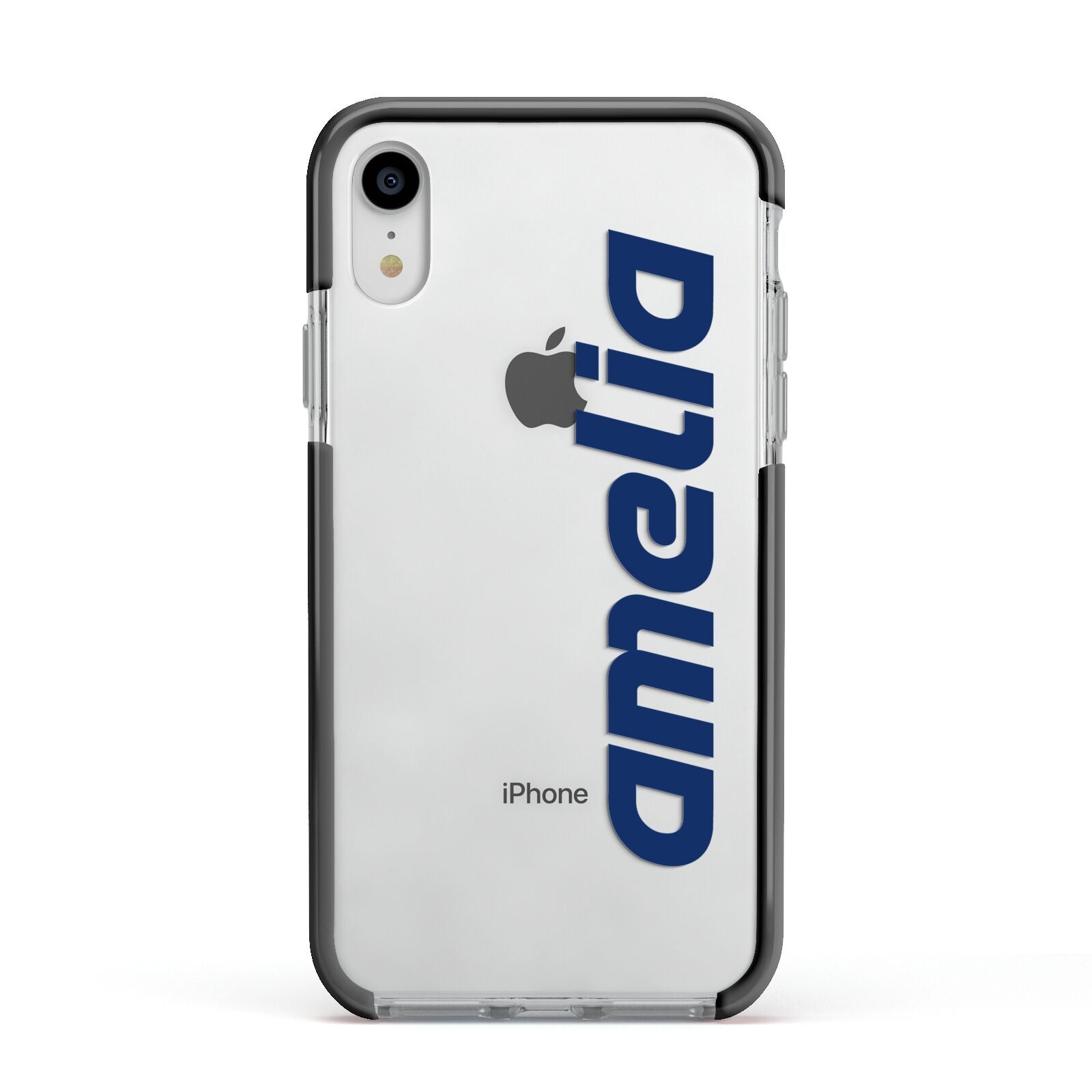Custom Sci Fi Text Apple iPhone XR Impact Case Black Edge on Silver Phone