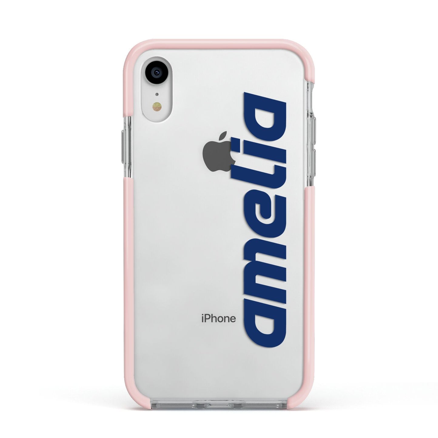 Custom Sci Fi Text Apple iPhone XR Impact Case Pink Edge on Silver Phone