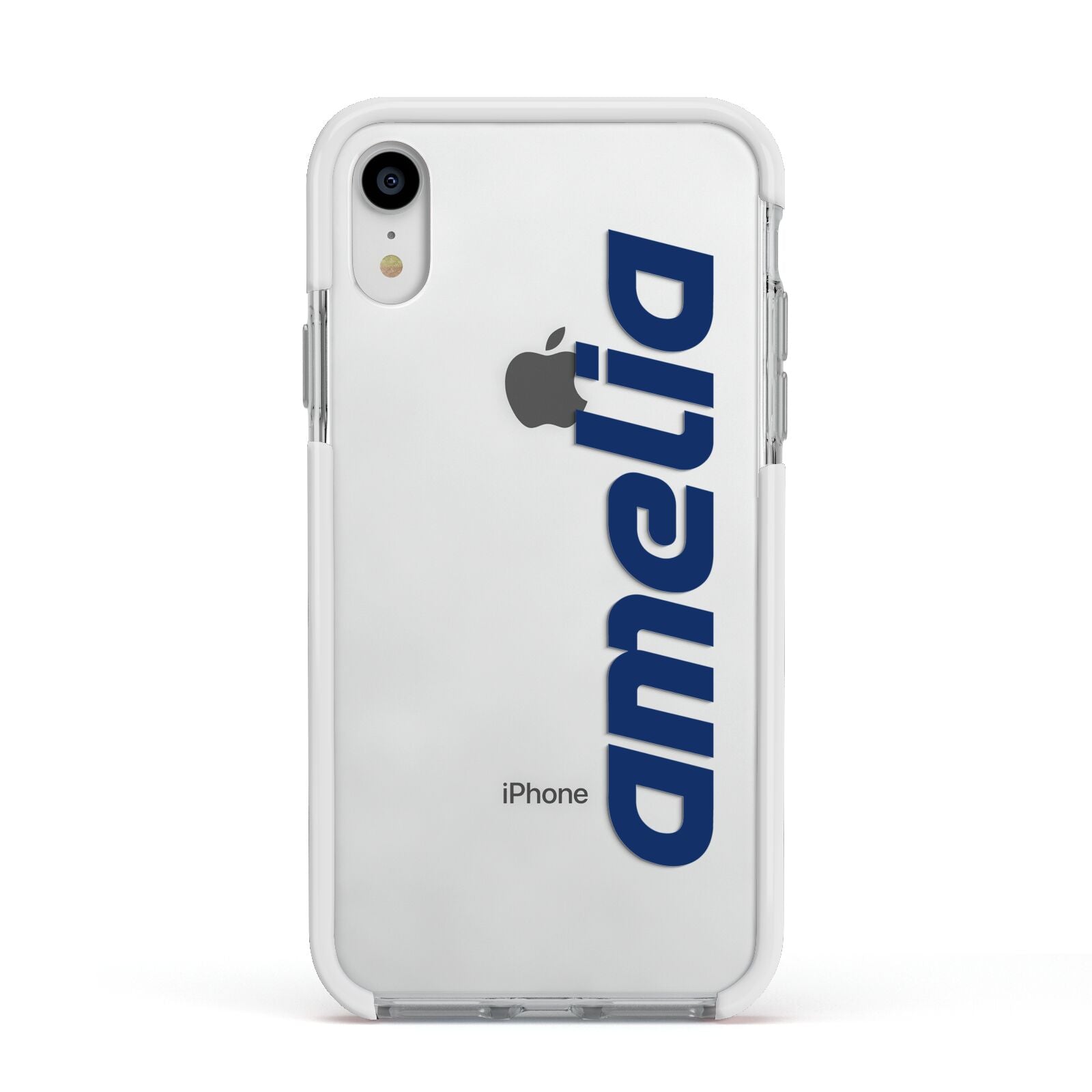 Custom Sci Fi Text Apple iPhone XR Impact Case White Edge on Silver Phone