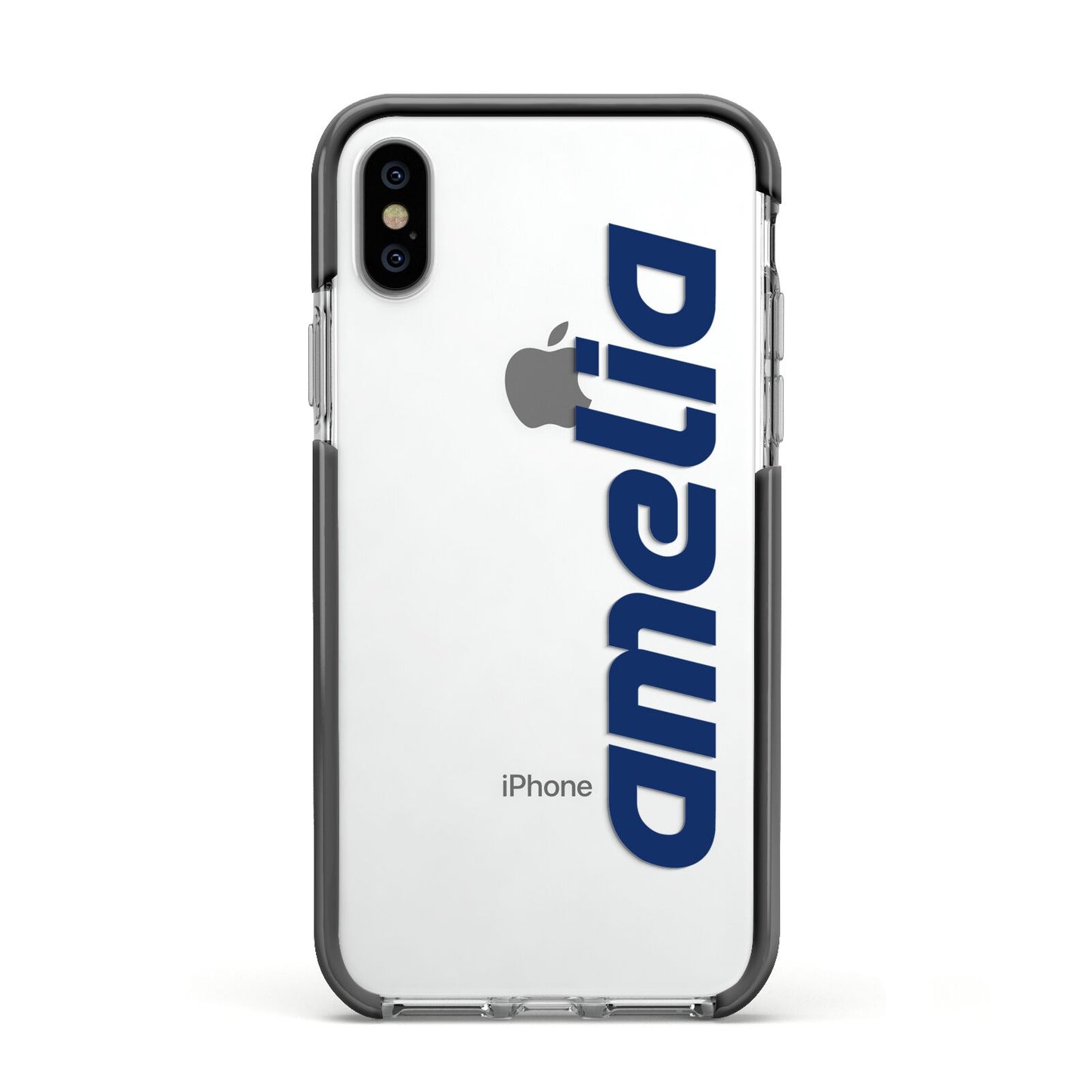 Custom Sci Fi Text Apple iPhone Xs Impact Case Black Edge on Silver Phone