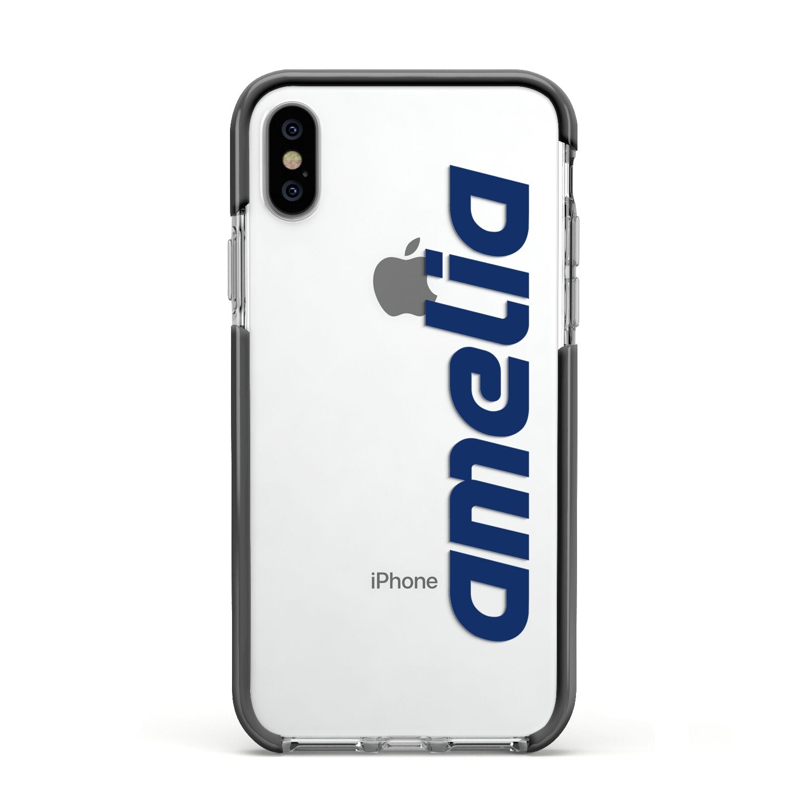 Custom Sci Fi Text Apple iPhone Xs Impact Case Black Edge on Silver Phone
