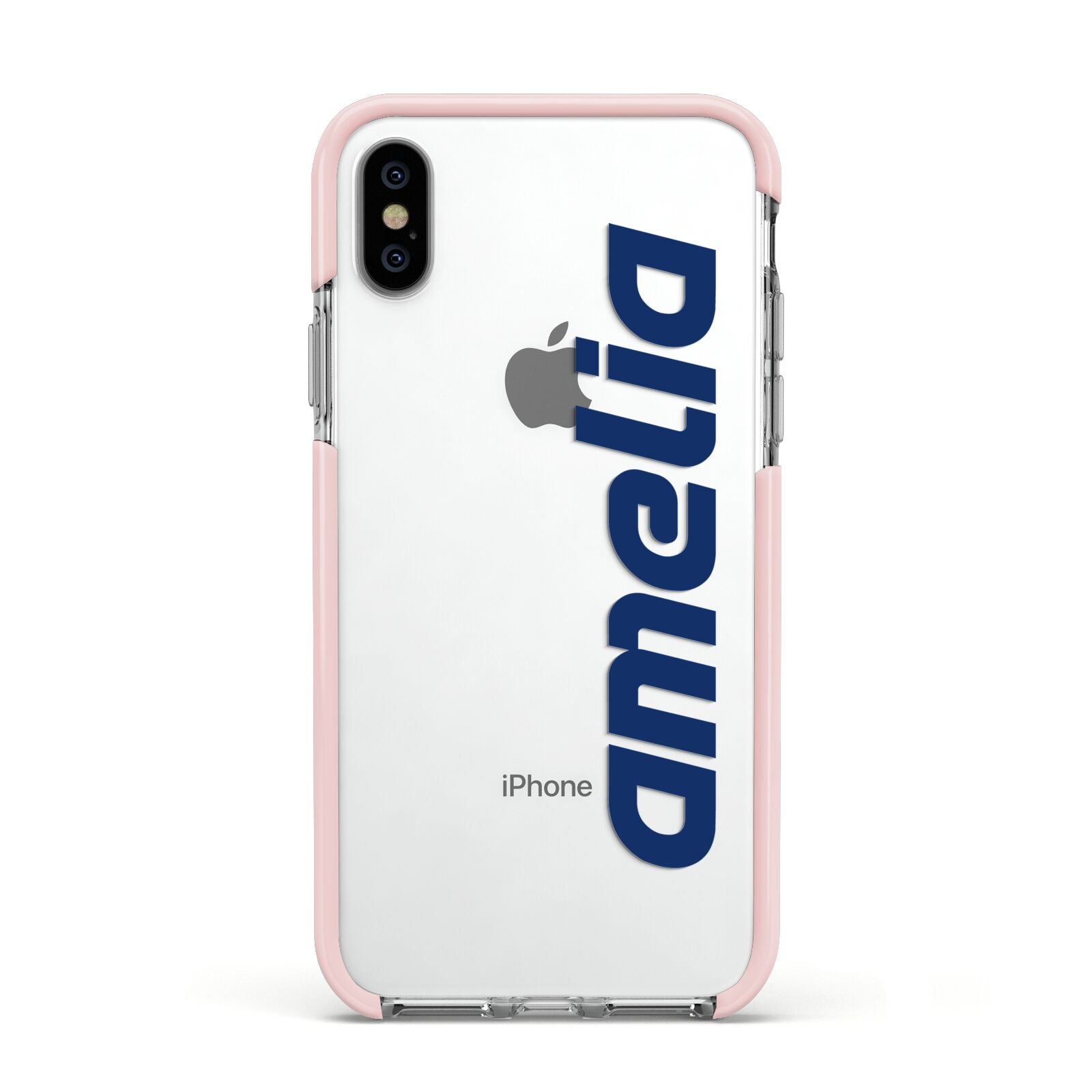 Custom Sci Fi Text Apple iPhone Xs Impact Case Pink Edge on Silver Phone