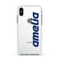 Custom Sci Fi Text Apple iPhone Xs Impact Case White Edge on Silver Phone