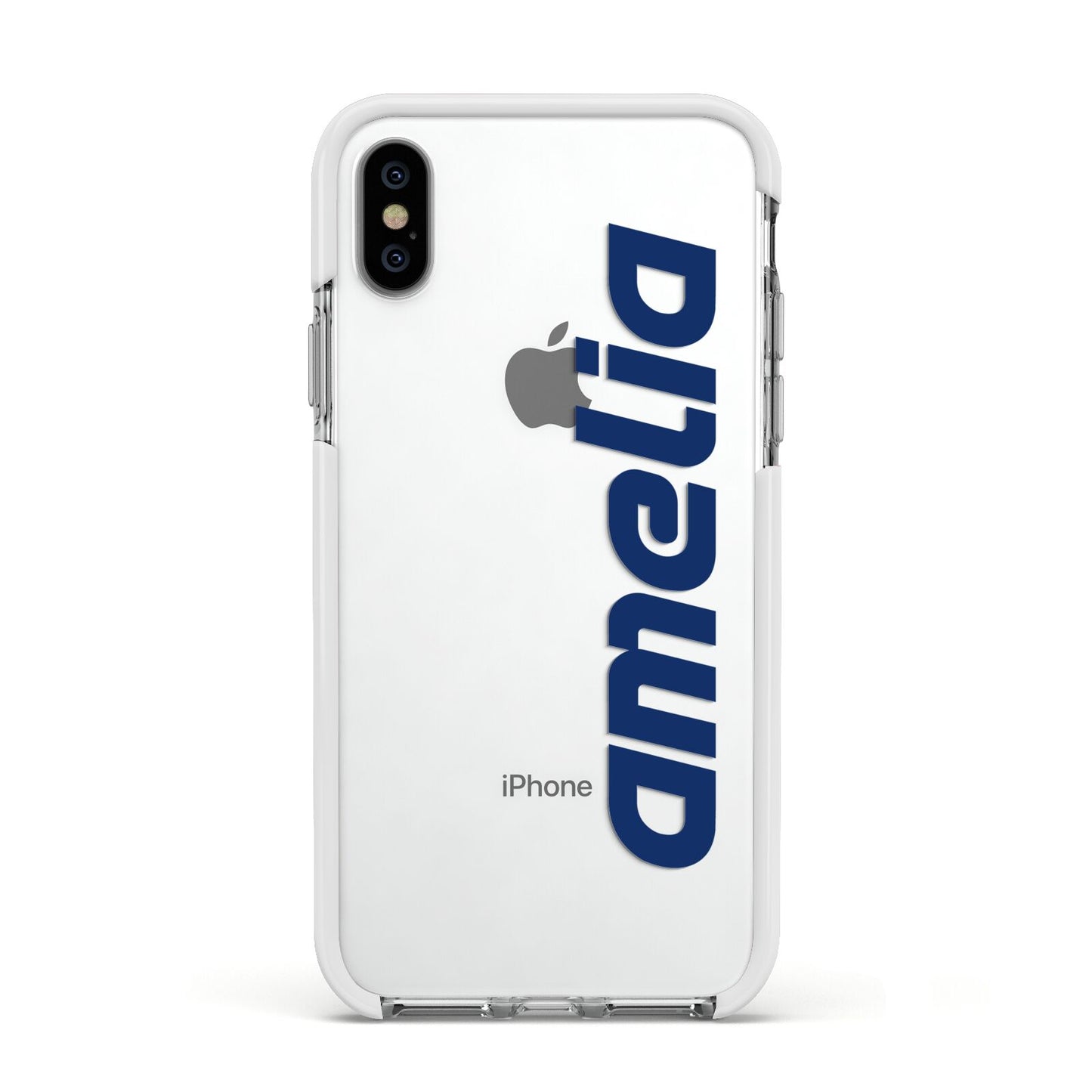 Custom Sci Fi Text Apple iPhone Xs Impact Case White Edge on Silver Phone