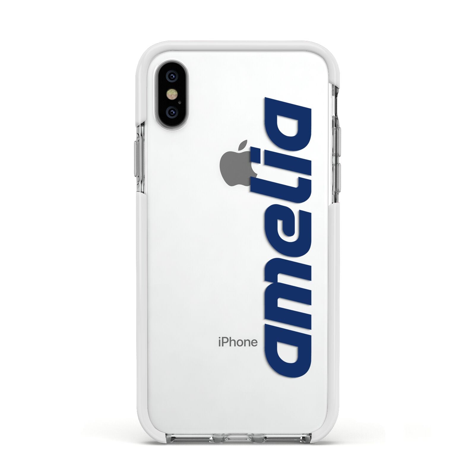 Custom Sci Fi Text Apple iPhone Xs Impact Case White Edge on Silver Phone