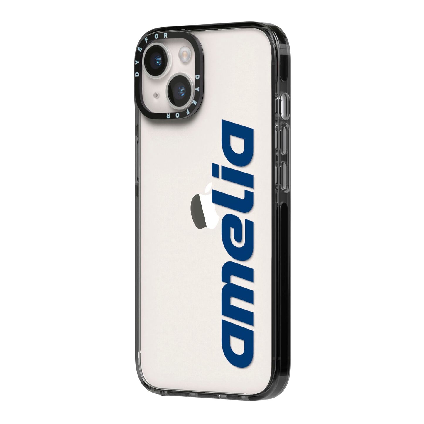 Custom Sci Fi Text iPhone 14 Black Impact Case Side Angle on Silver phone