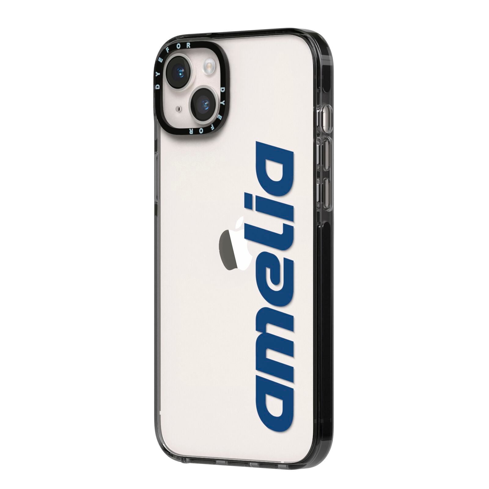 Custom Sci Fi Text iPhone 14 Plus Black Impact Case Side Angle on Silver phone