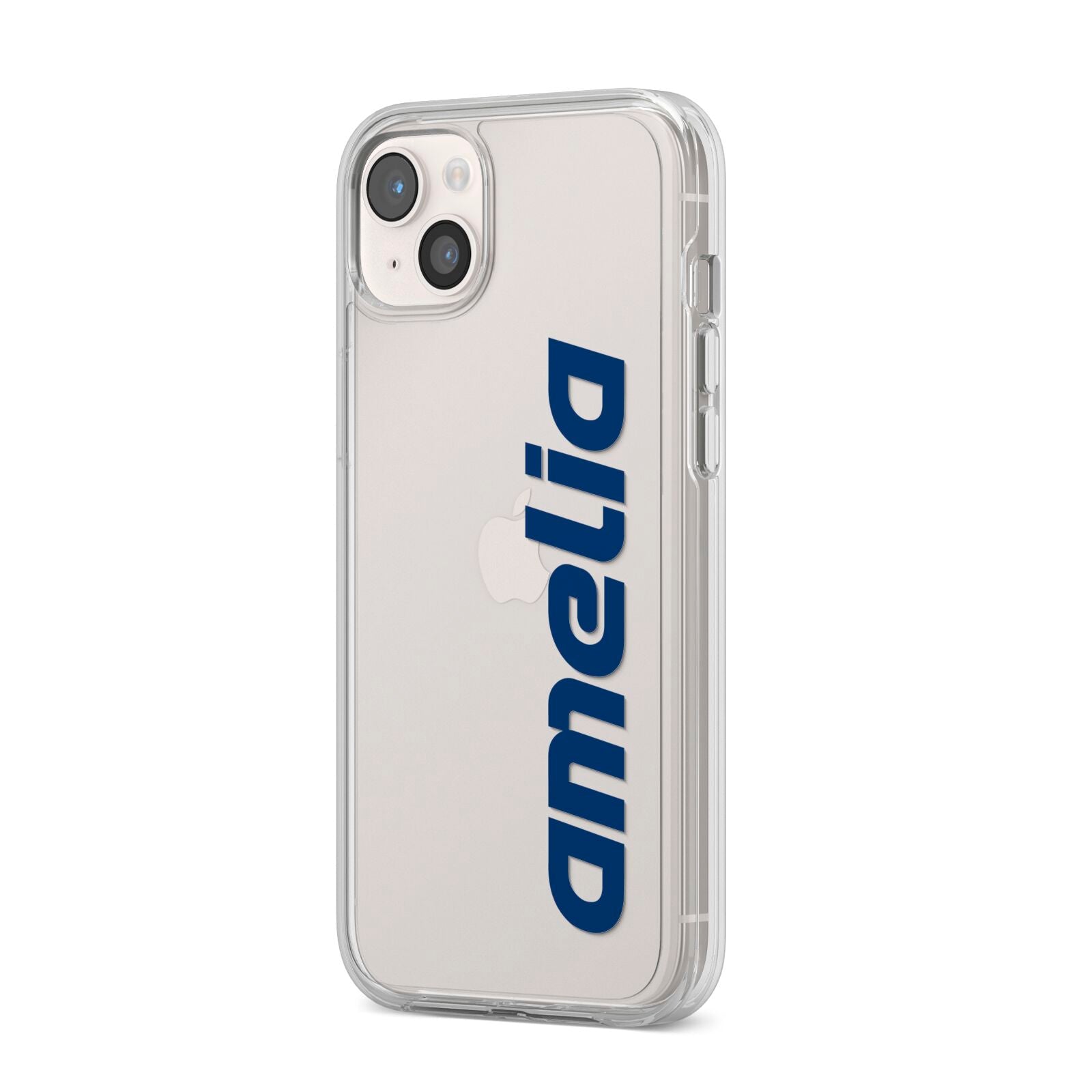 Custom Sci Fi Text iPhone 14 Plus Clear Tough Case Starlight Angled Image