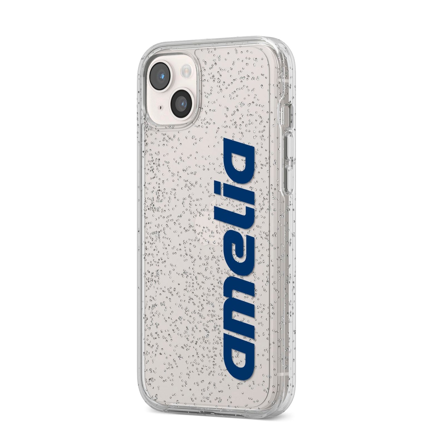 Custom Sci Fi Text iPhone 14 Plus Glitter Tough Case Starlight Angled Image