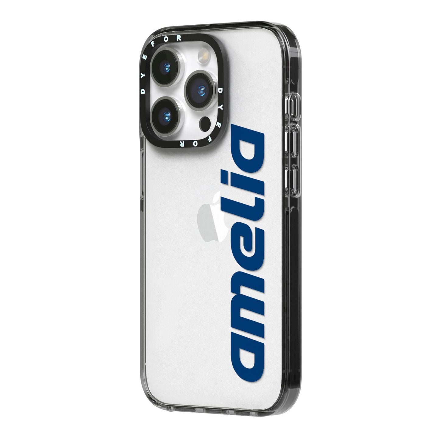 Custom Sci Fi Text iPhone 14 Pro Black Impact Case Side Angle on Silver phone