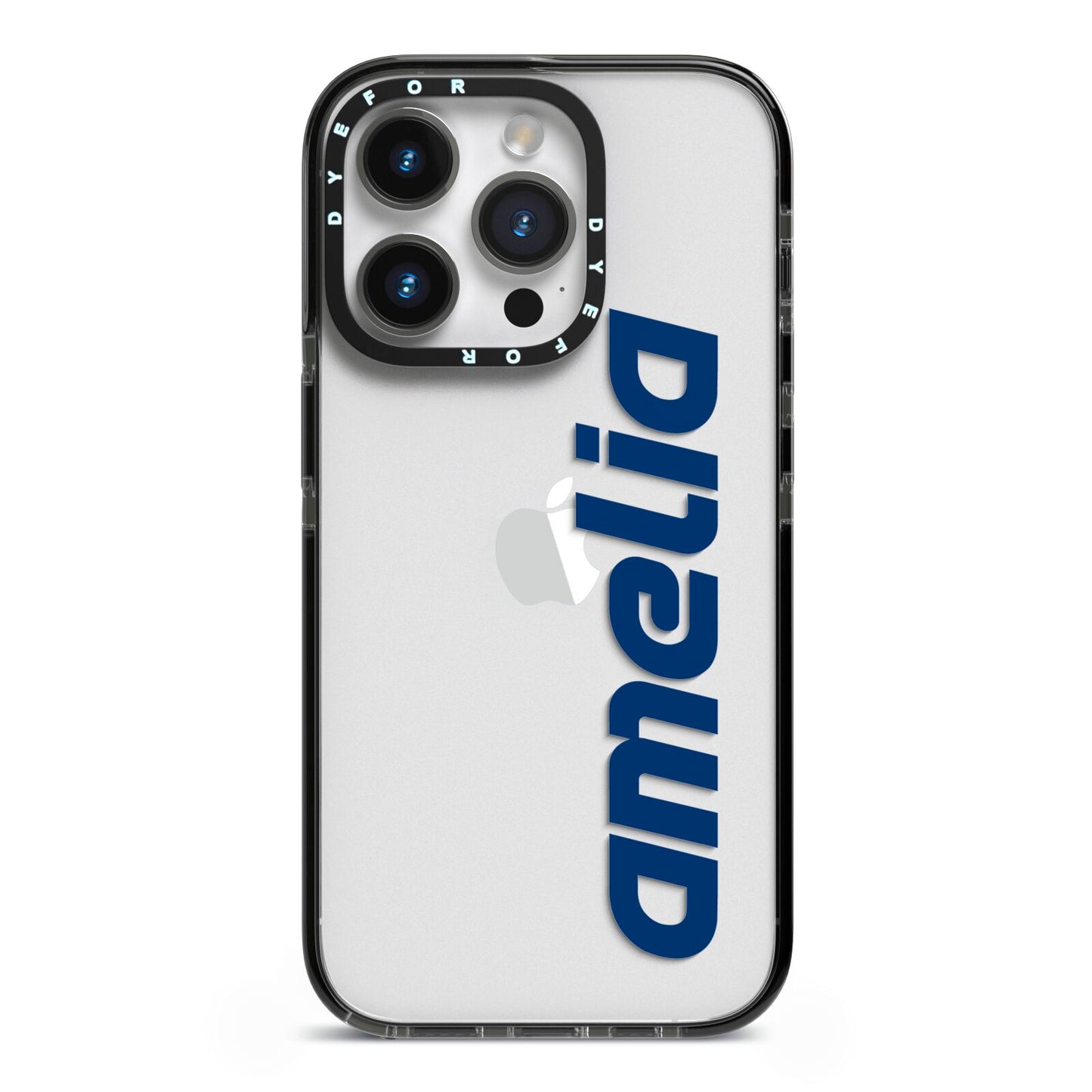 Custom Sci Fi Text iPhone 14 Pro Black Impact Case on Silver phone