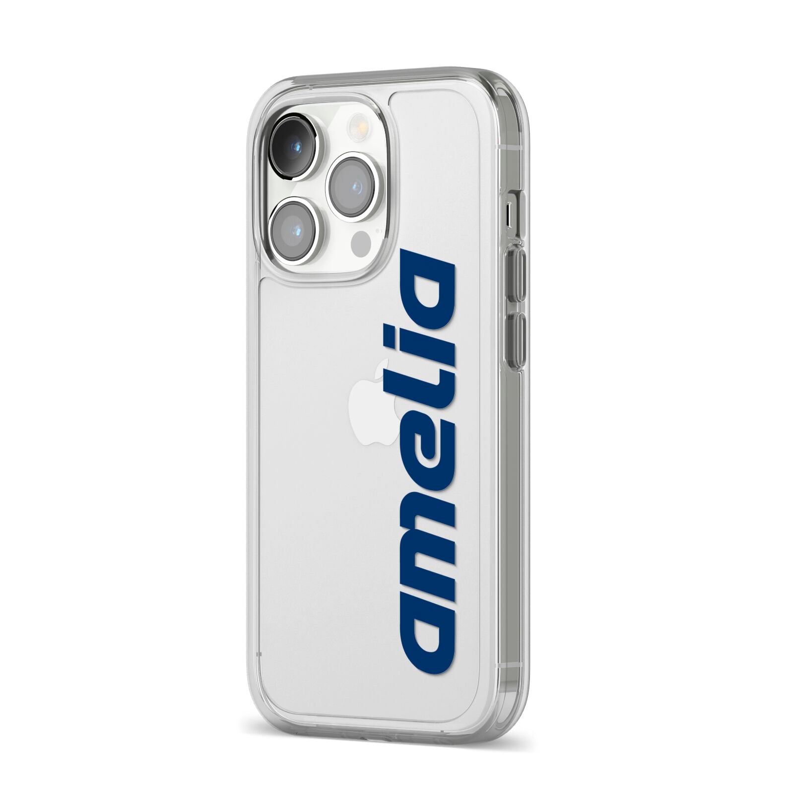 Custom Sci Fi Text iPhone 14 Pro Clear Tough Case Silver Angled Image